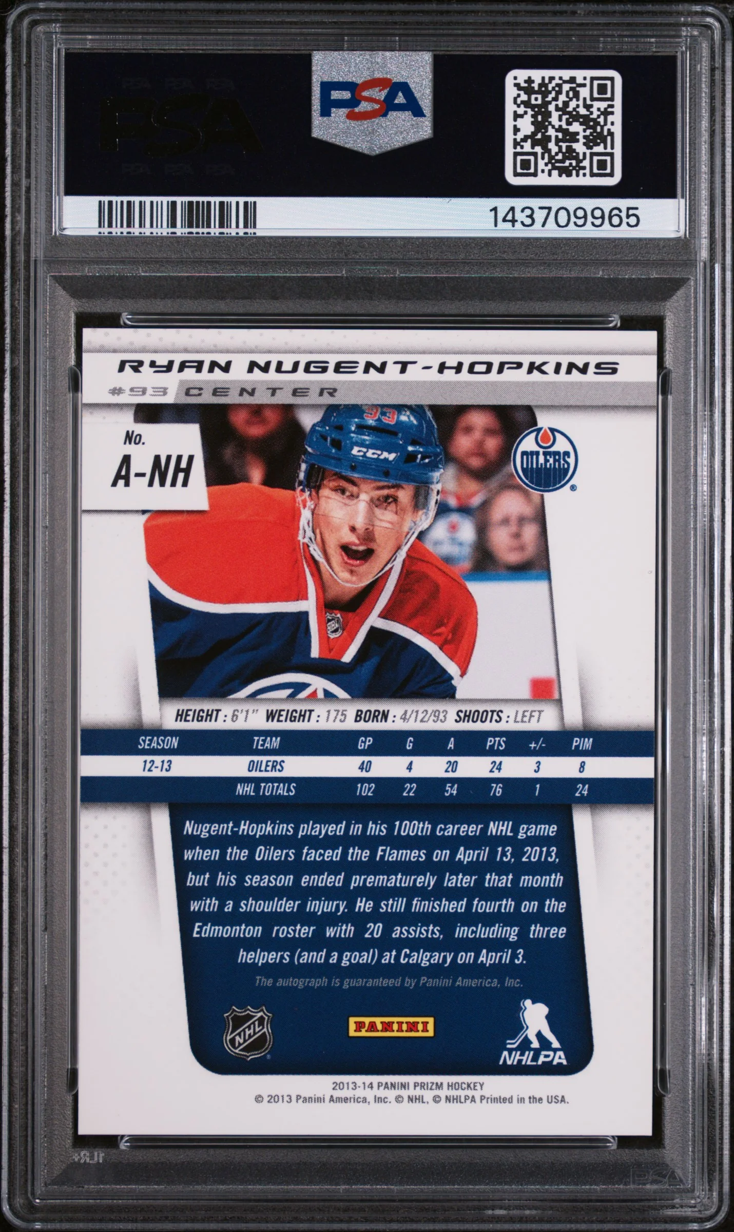 2013 Panini Prizm Rookie Autographs Ryan Nugent-Hopkins #A-NH PSA 9 - Image 2