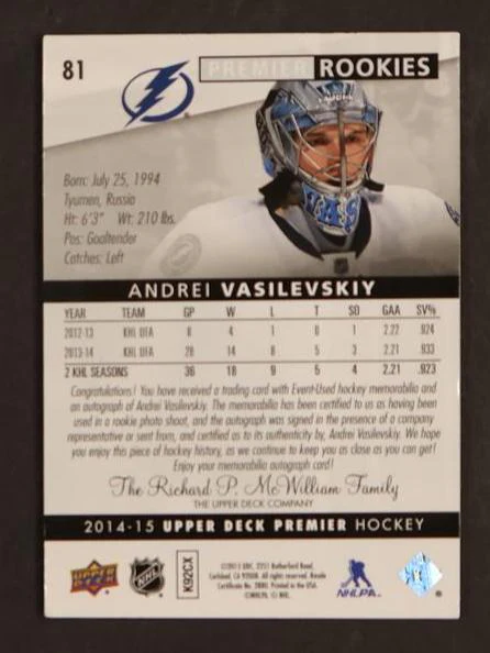 2014 Upper Deck Premier #81 Andrei Vasilevskiy RPA /25 - Image 2