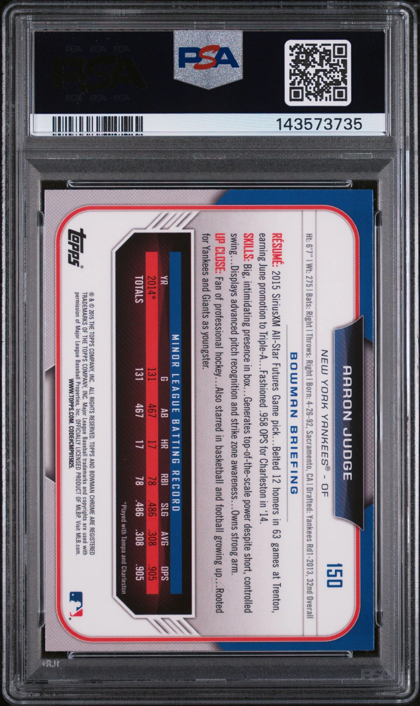 2015 Bowman Draft Chrome Refractor Aaron Judge #150 PSA 10 - Image 2