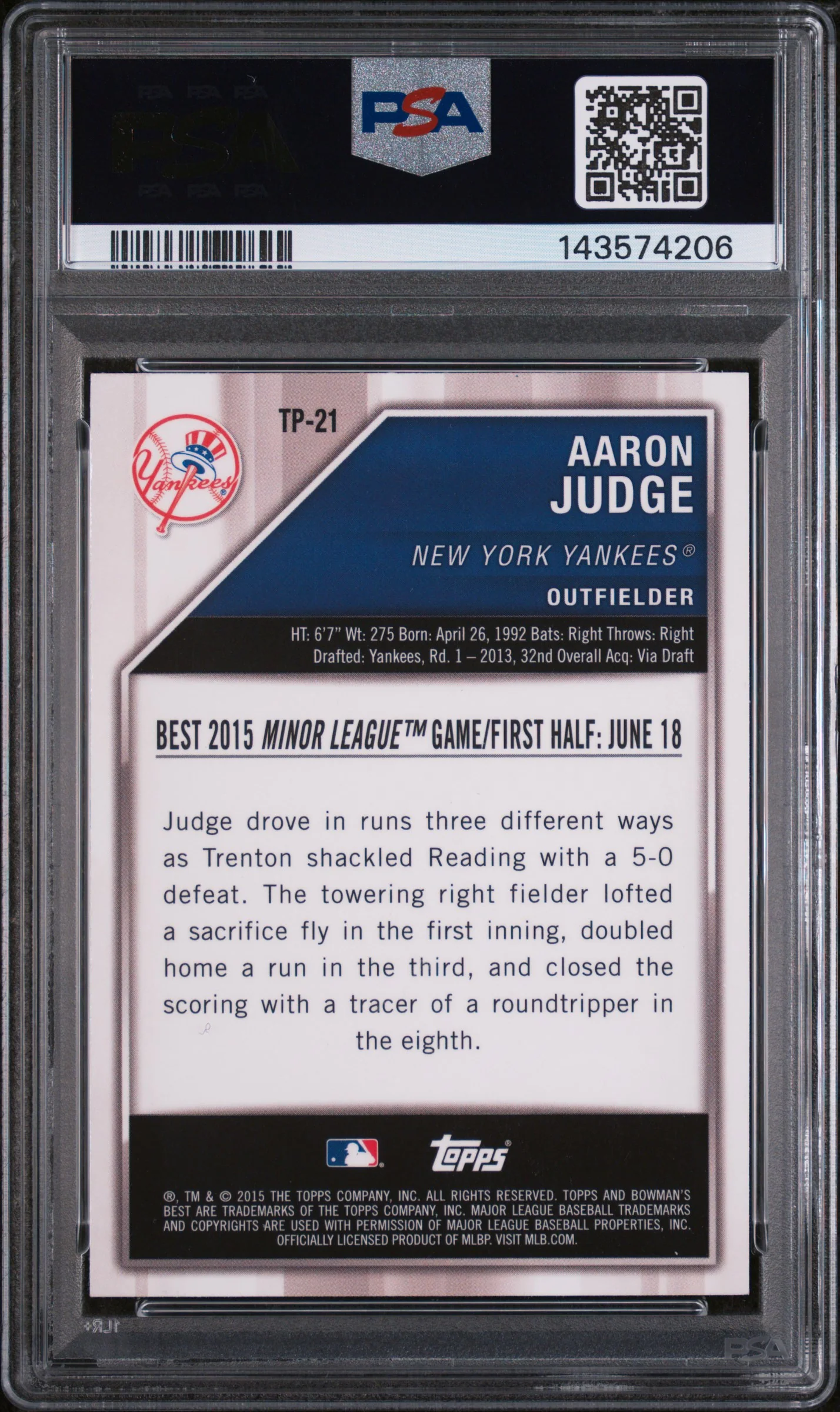 2015 Bowman's Best Top Prospects Orange Refractor Aaron Judge #TP-21 /25 PSA 10 - Image 2