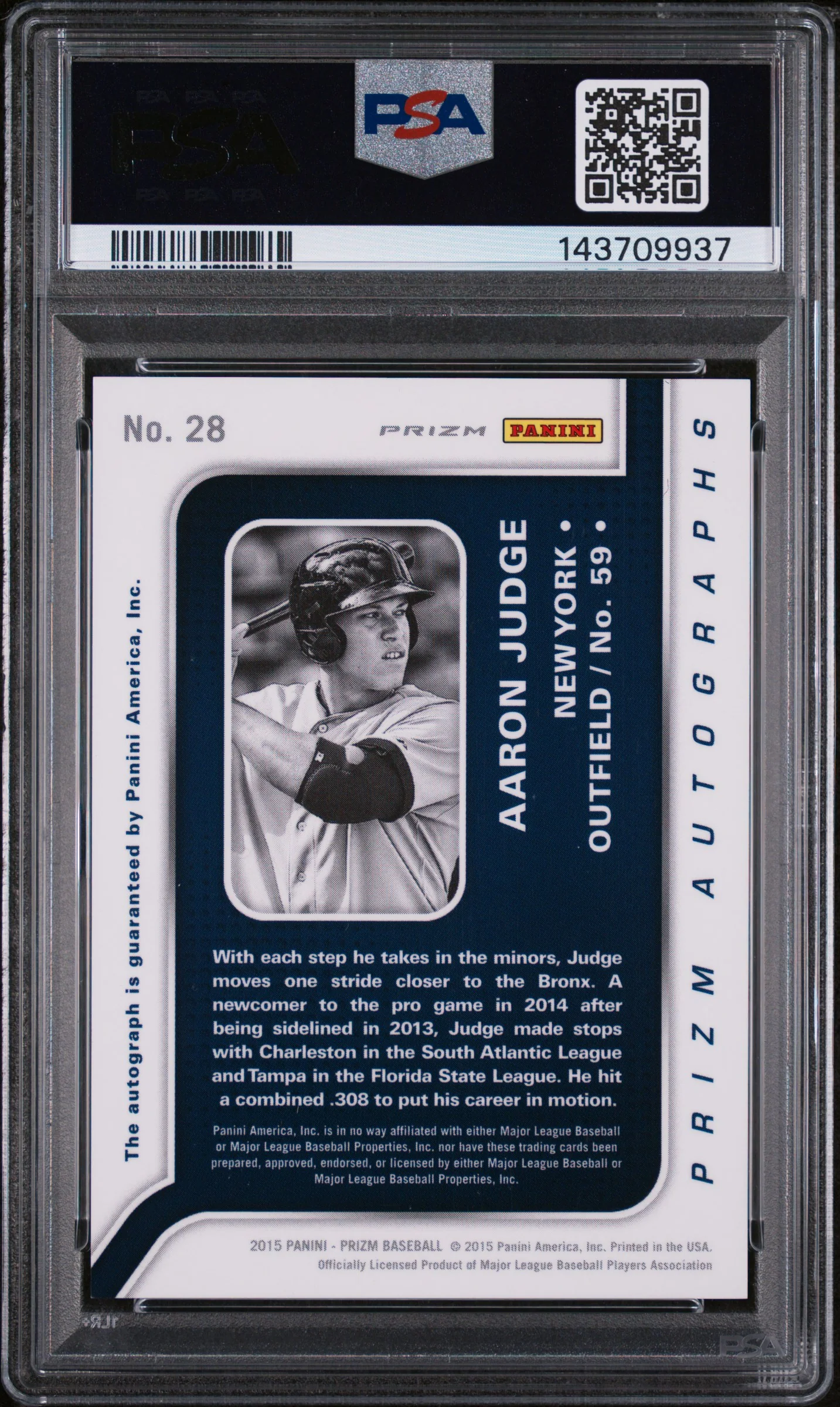 2015 Panini Prizm Autograph Prizms Red Power Aaron Judge #28 /125 PSA 9 - Image 2
