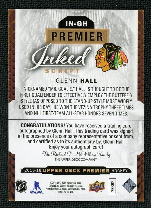 2015 Upper Deck Upper Deck Premier IN-GH Glenn Hall Inked Script Blackhawks Auto - Image 2