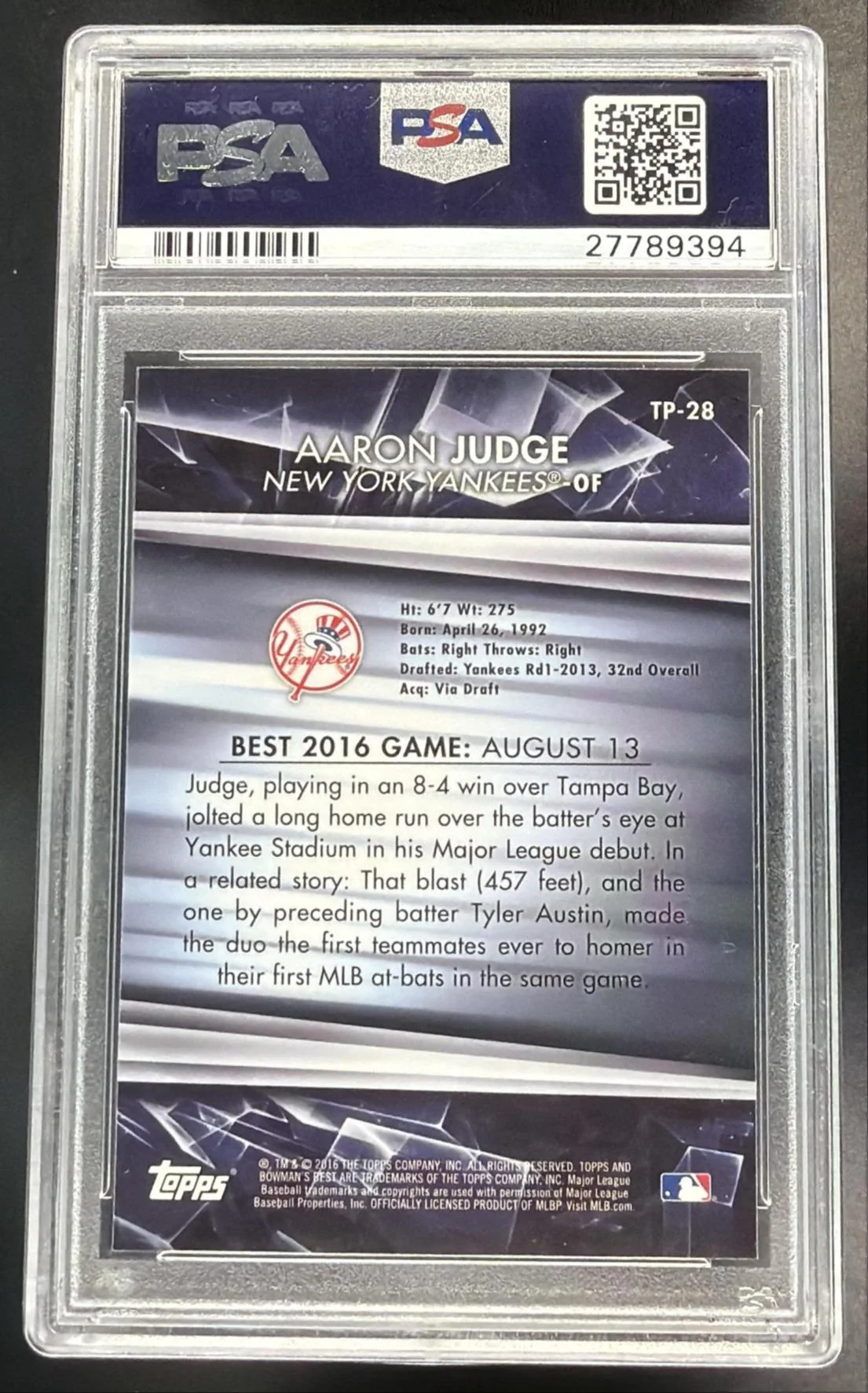 2016 Bowman's Best Top Prospects Aaron Judge #TP28 PSA 10 - Image 2