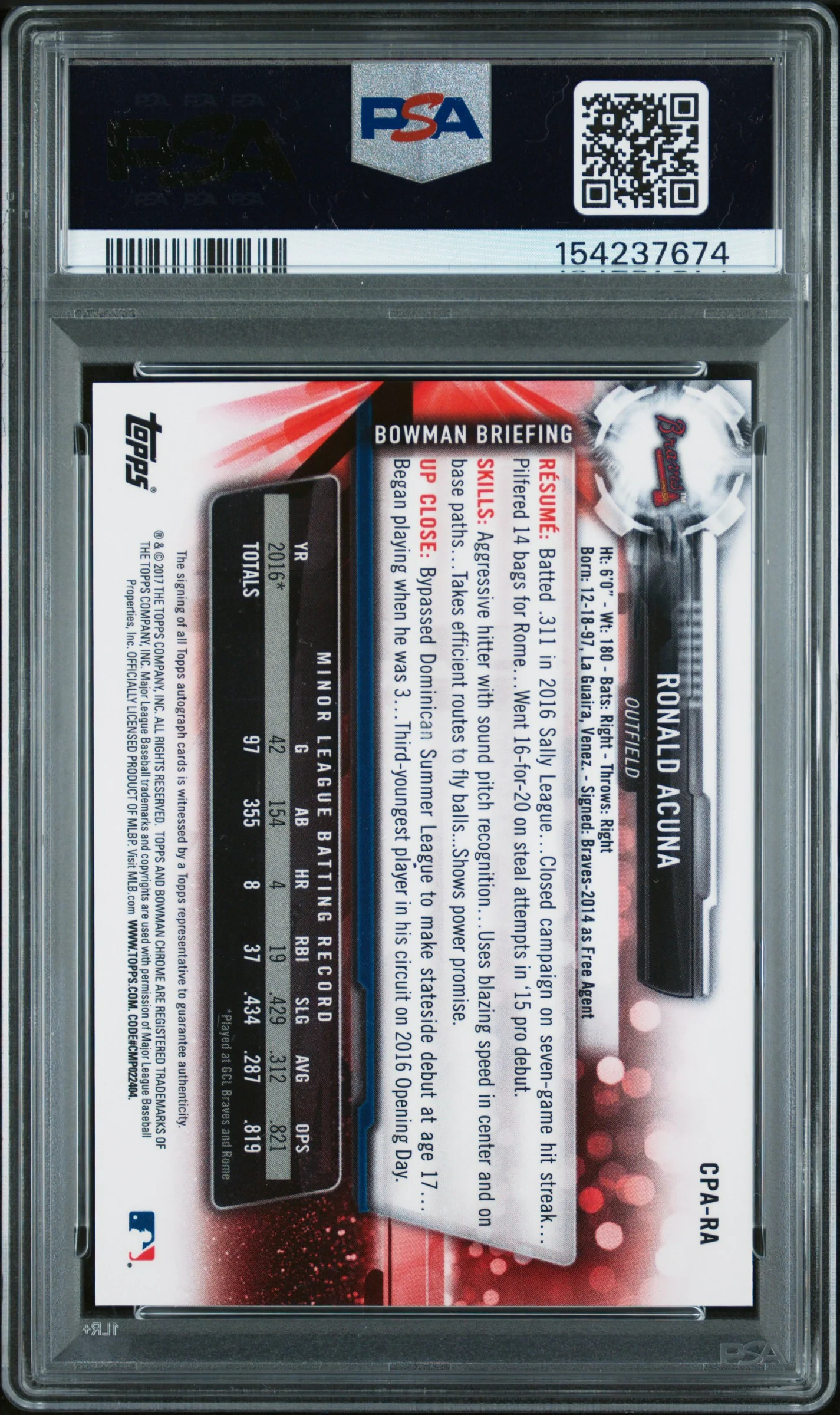 2017 Bowman Chrome Prospect Autograph Ronald Acuna #CPA-RA PSA 9 - Image 2