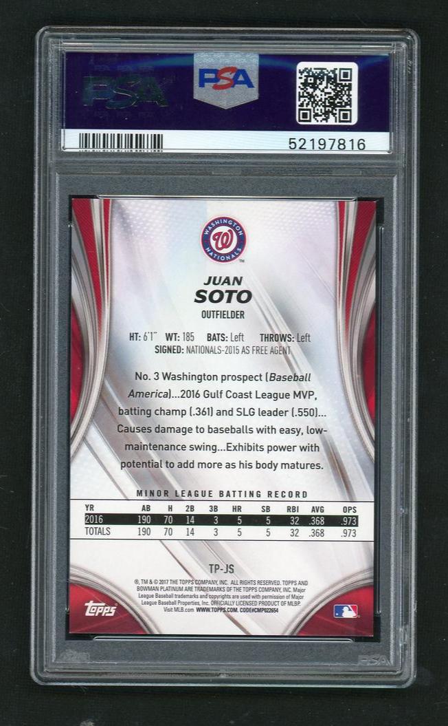 2017 Bowman Platinum Top Prospects Purple Juan Soto #TPJS /250 PSA 8 - Image 2