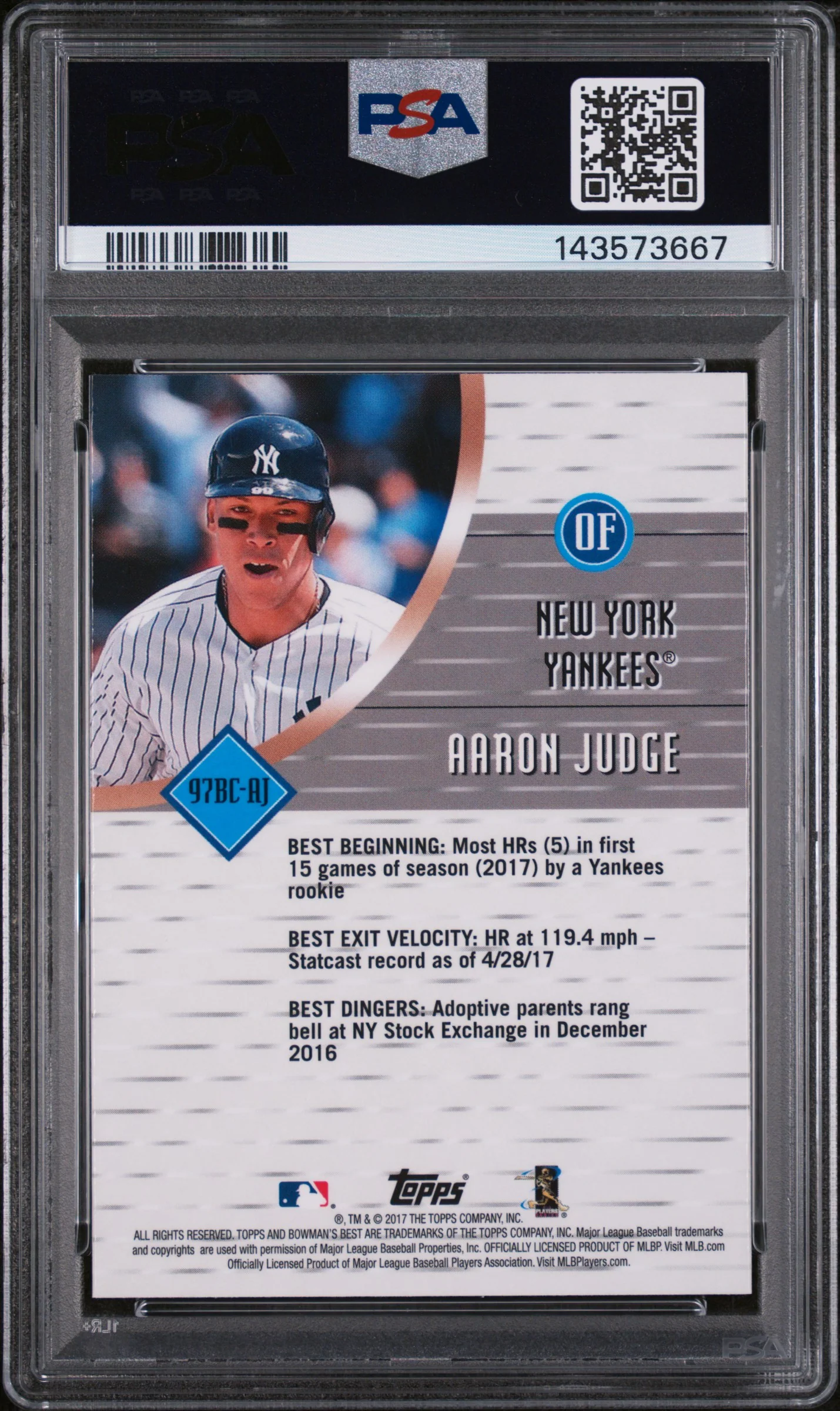 2017 Bowman's Best '97 Best Cuts Aaron Judge #97BC-AJ PSA 10 - Image 2