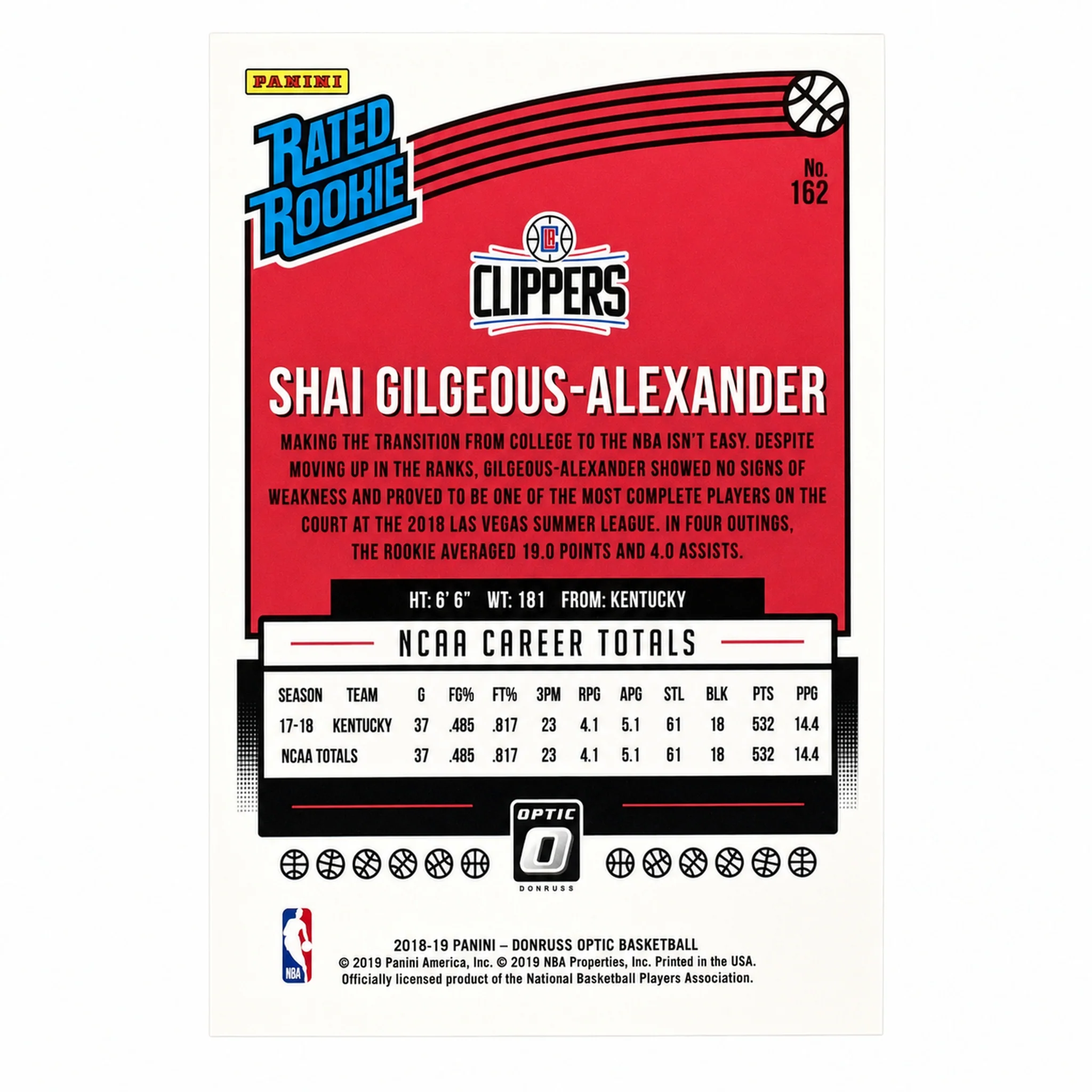 2018-19 Donruss Optic #162 Shai Gilgeous-Alexander Rated Rookie RC - Image 2