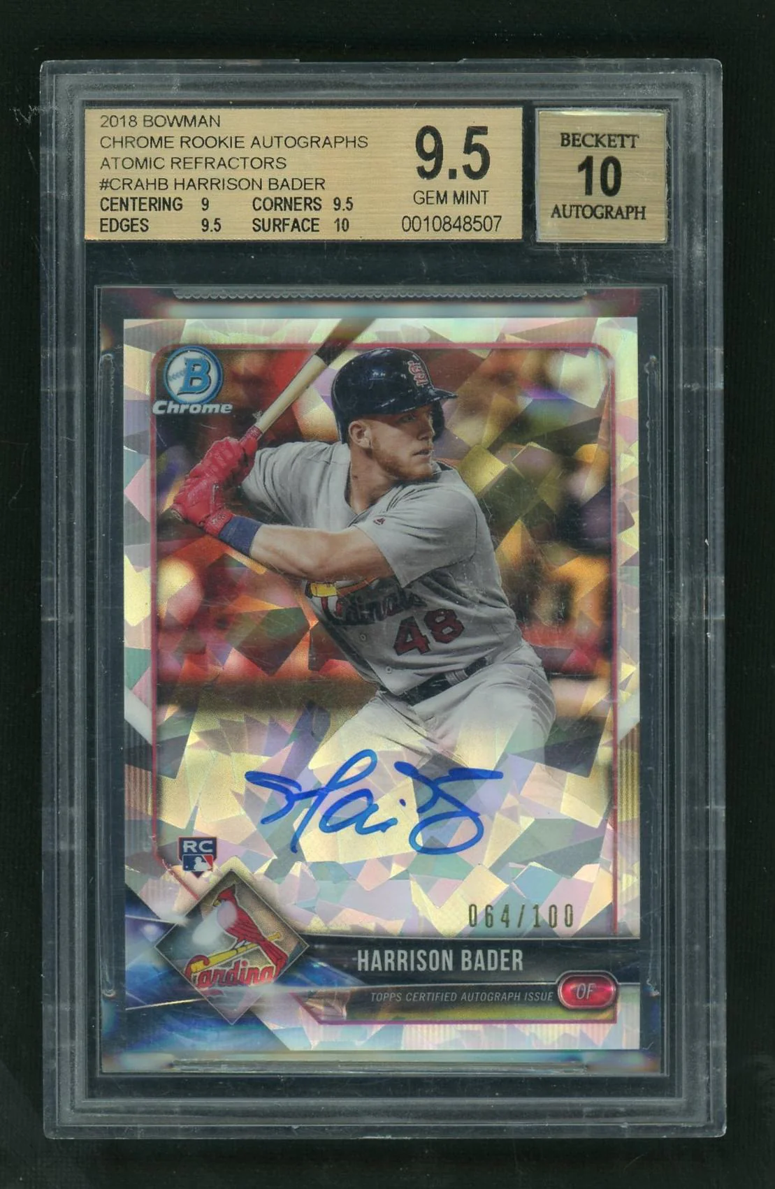 2018 Bowman Chrome Rookie Autograph Atomic Refractor Harrison Bader #CRAHB /100 BGS 9.5