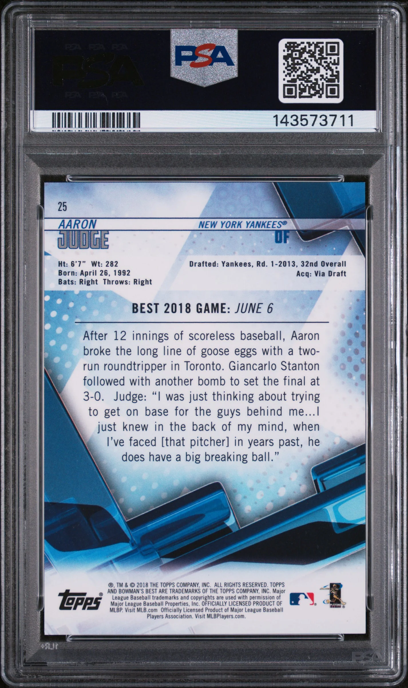 2018 Bowman's Best Purple Refractor Aaron Judge #25 /250 PSA 8 - Image 2