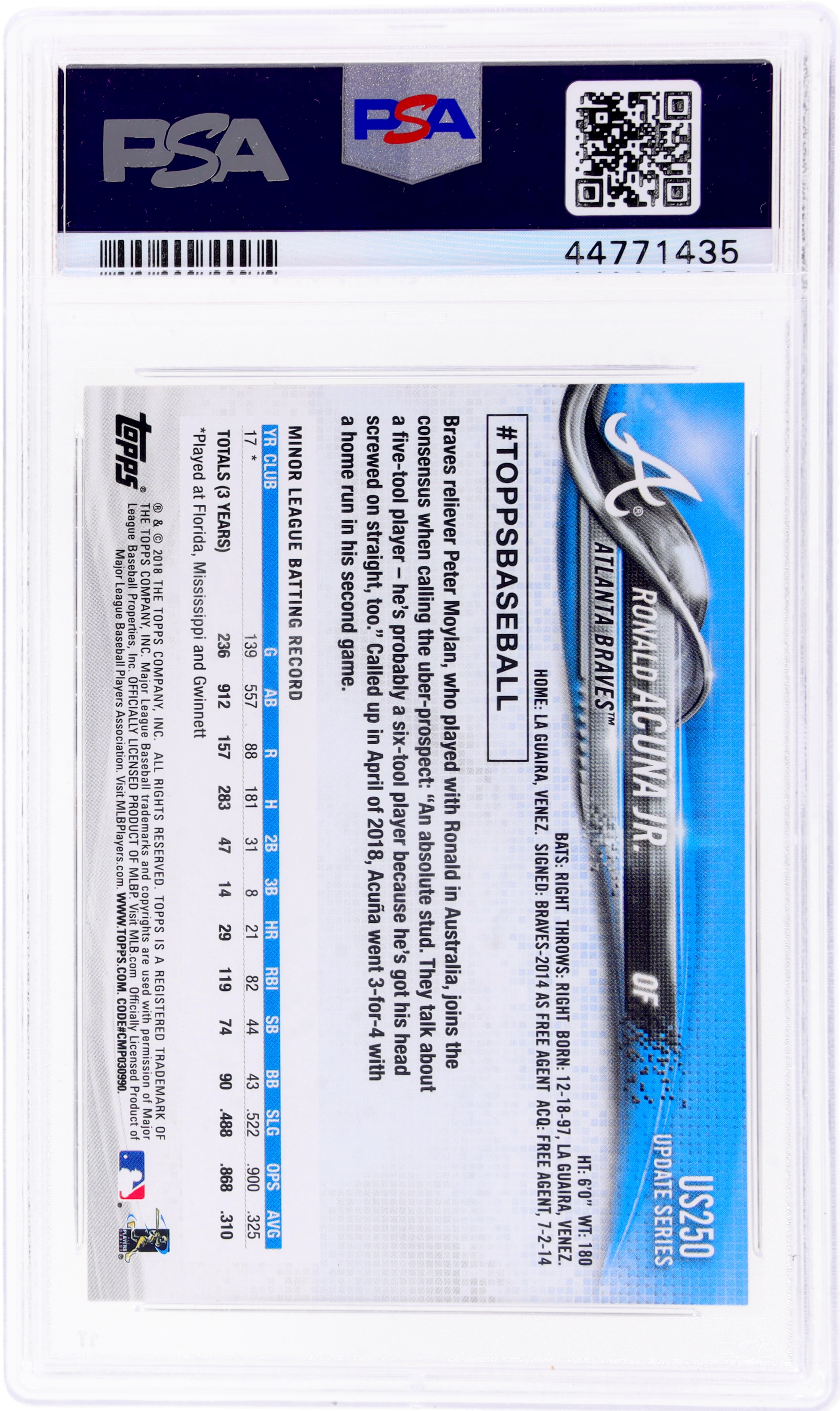 2018 Topps Update At Bat In Blue Jersey Ronald Acuna Jr. #US250 PSA 10 - Image 2
