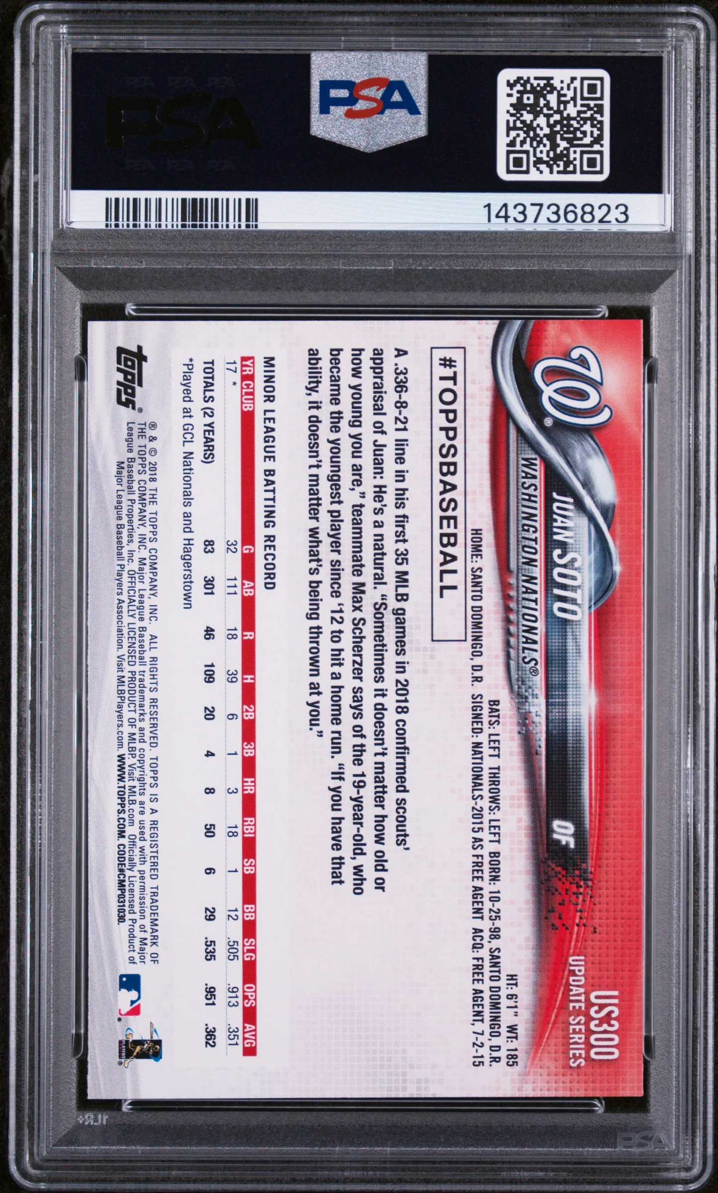 2018 Topps Update Variation, SP Juan Soto #US300A PSA 9 - Image 2