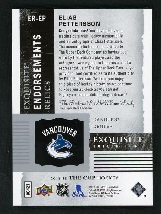 2018 Upper Deck Exquisite Collection ER-EP Elias Pettersson Exquisite Endorsements Relics /50 Vancouver Canucks Auto - Image 2
