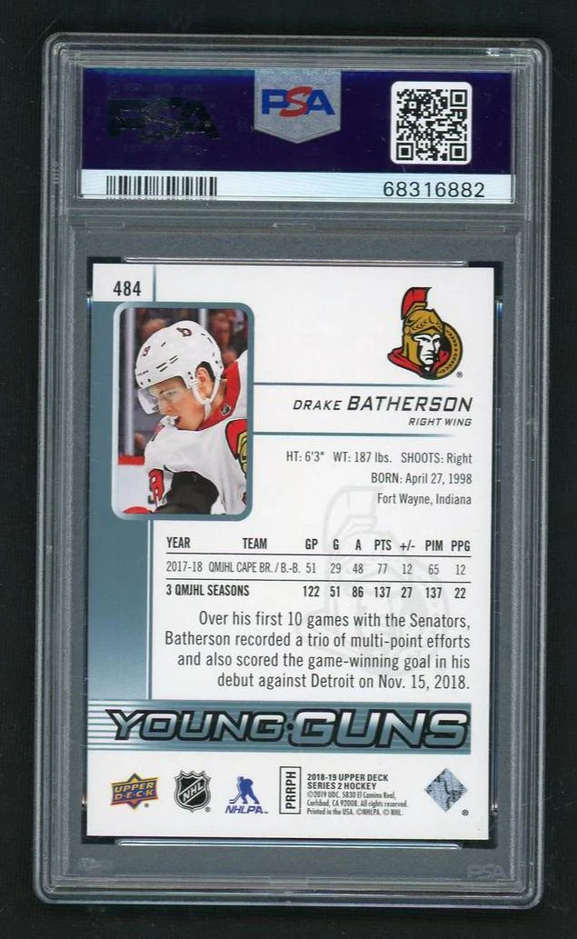 2018 Upper Deck Young Guns Drake Batherson #484 PSA 10 - Image 2