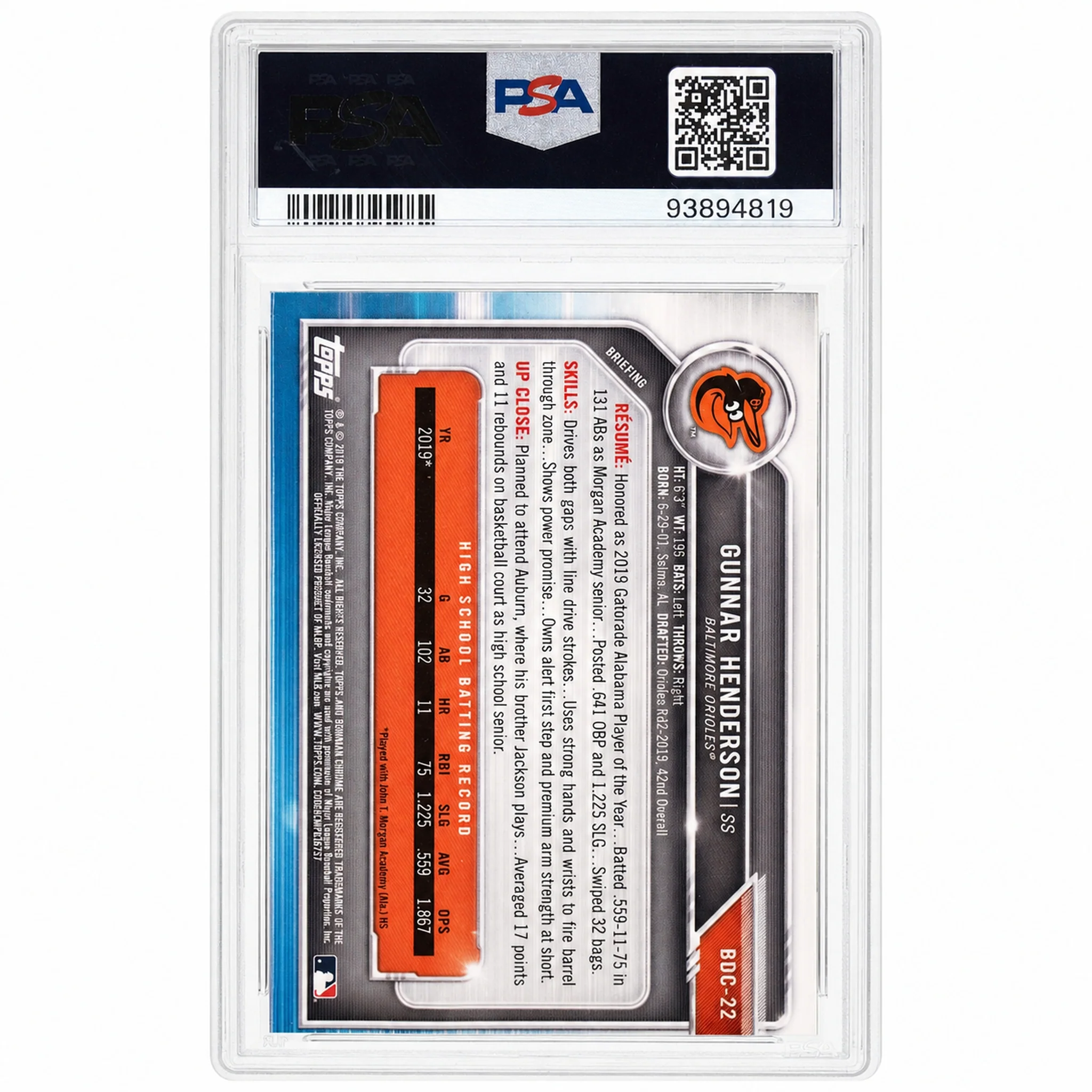 2019 Bowman Draft Chrome Gunnar Henderson #BDC22 PSA 10 - Image 2