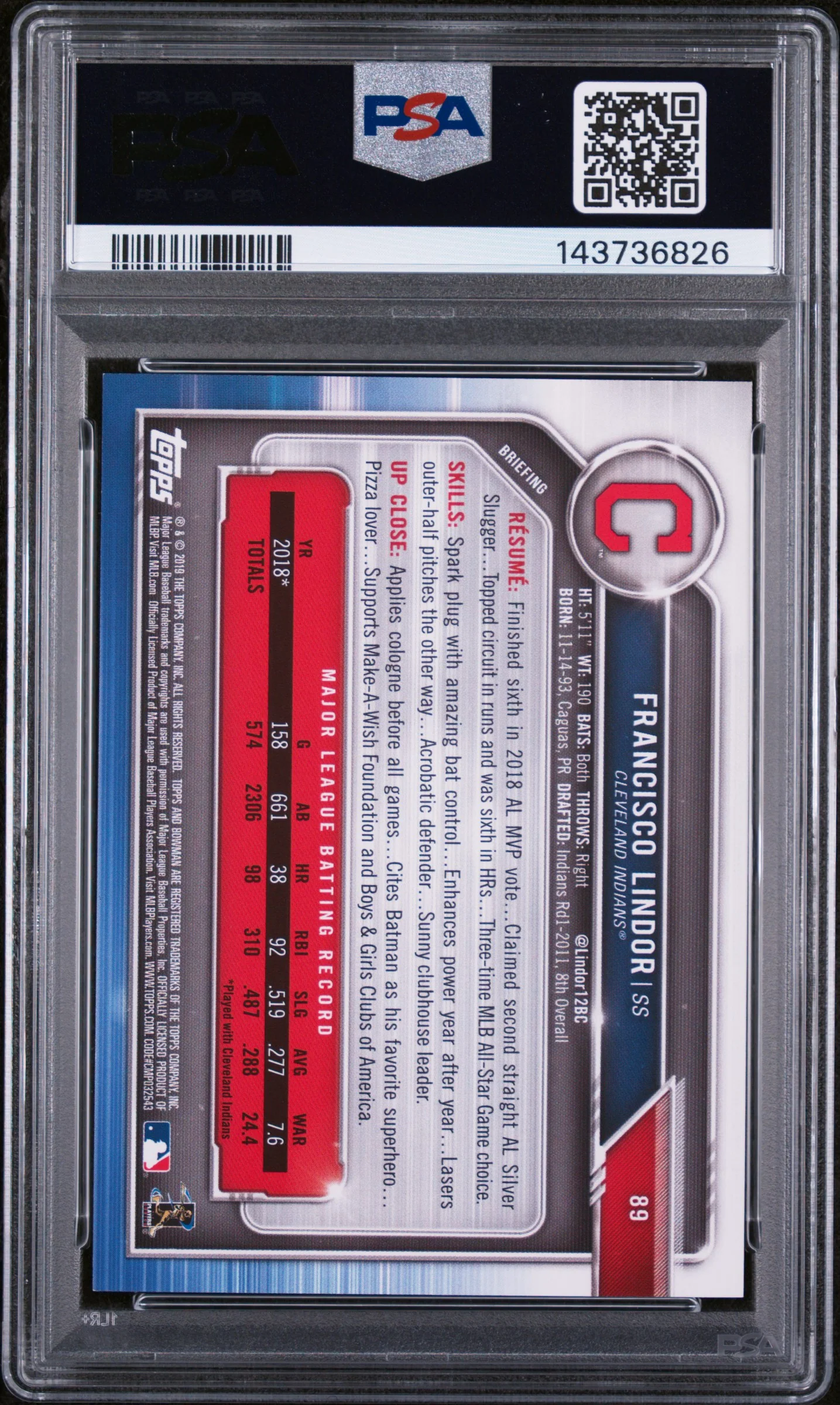 2019 Bowman Purple Francisco Lindor #89 /250 PSA 8 - Image 2