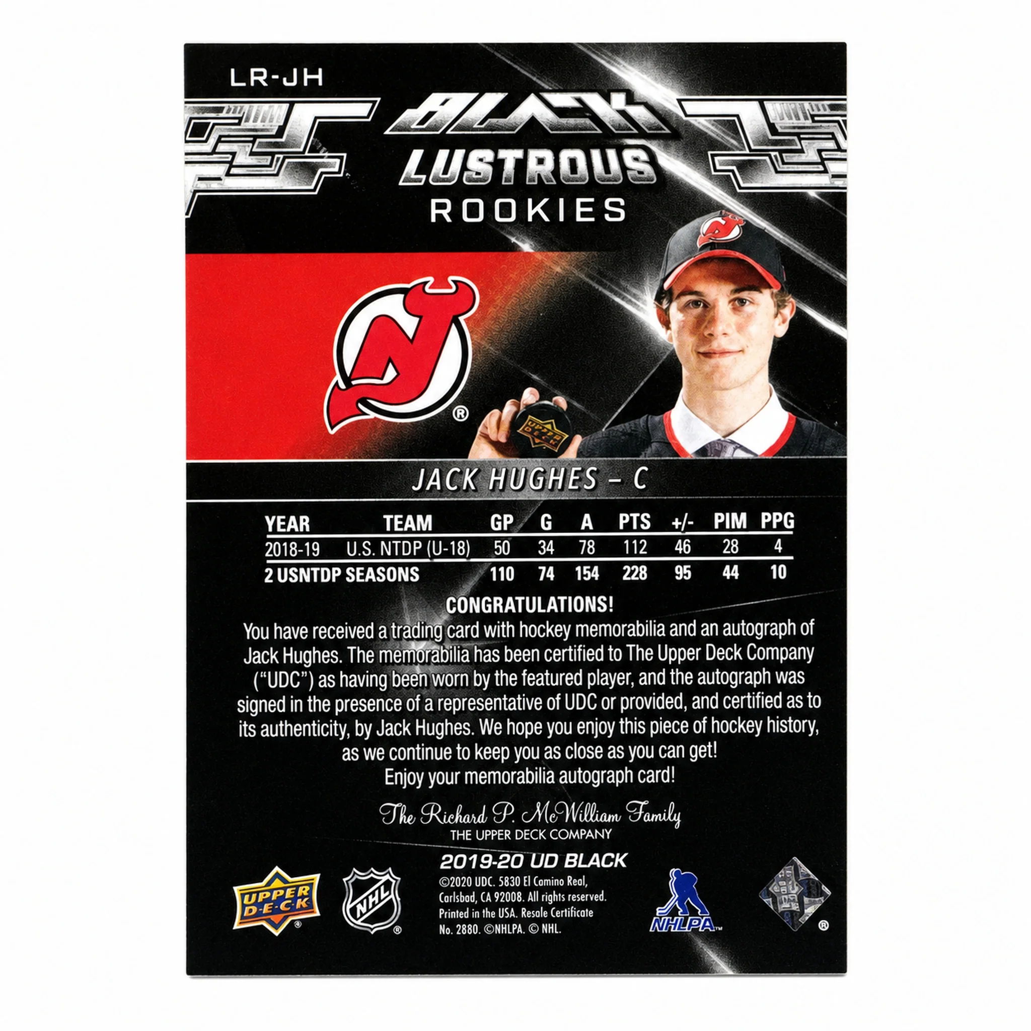 2019 SPx Jack Hughes Black Lustrous Rookie Auto Patch /75 RC - Image 2