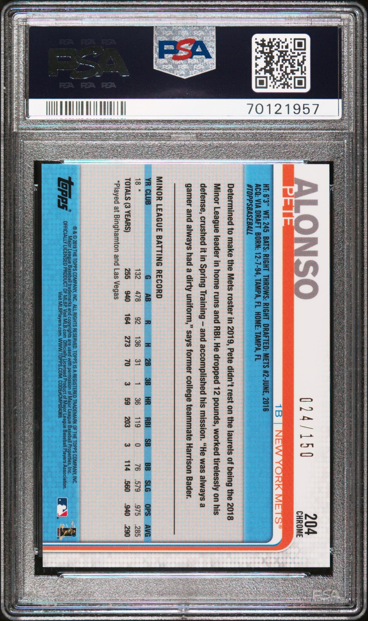 2019 Topps Chrome Blue Refractor Pete Alonso #204 /150 PSA 9 - Image 2