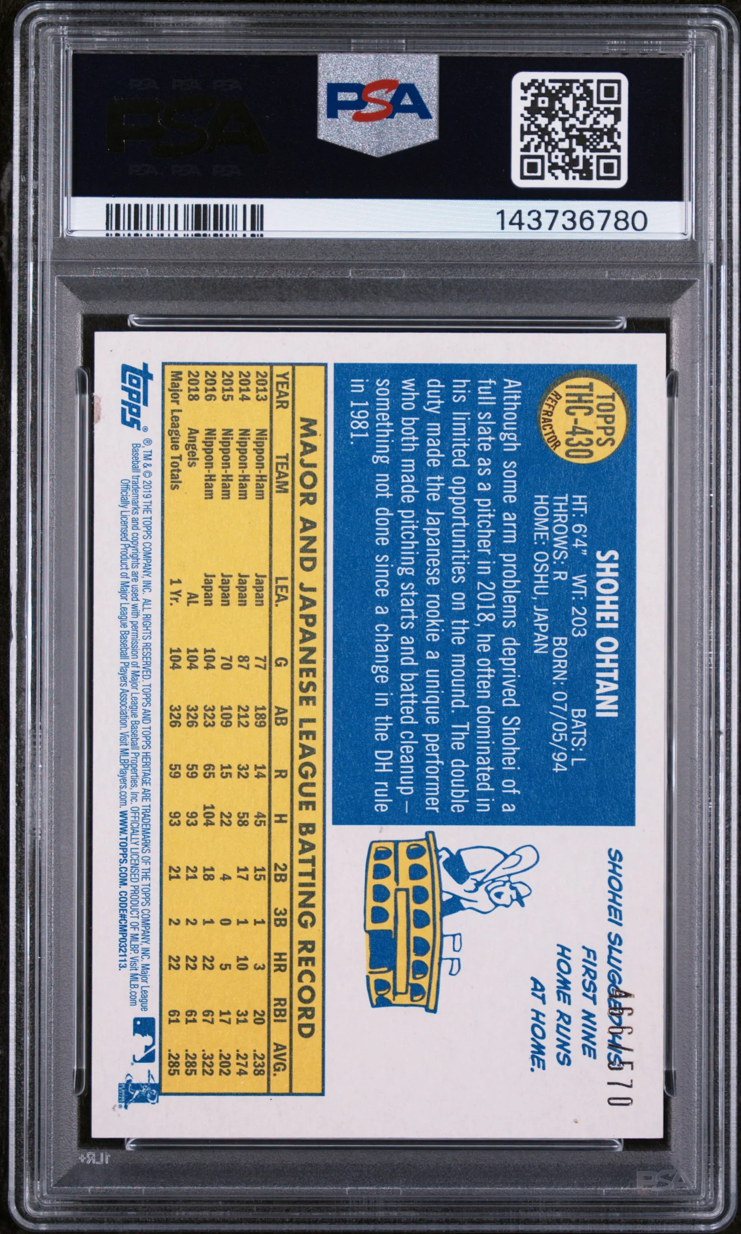 2019 Topps Heritage Chrome Refractor Shohei Ohtani #THC430 /570 PSA 8 - Image 2