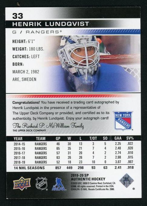 2019 Upper Deck SP Authentic 33 Henrik Lundqvist Rangers Auto - Image 2
