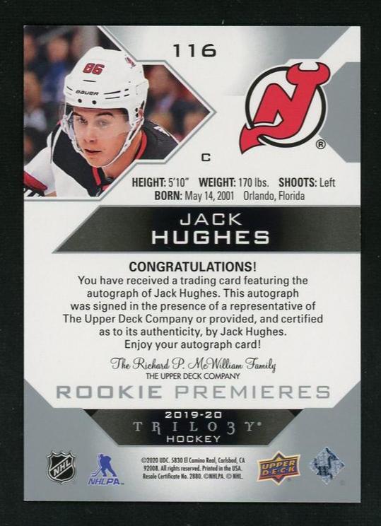 2019 Upper Deck Trilogy 116 Jack Hughes Rookie Premieres Rookie /999 New Jersey Devils Auto - Image 2