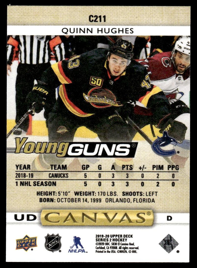 2019 Upper Deck UD Canvas C211 Quinn Hughes Young Guns Rookie Canucks - Image 2
