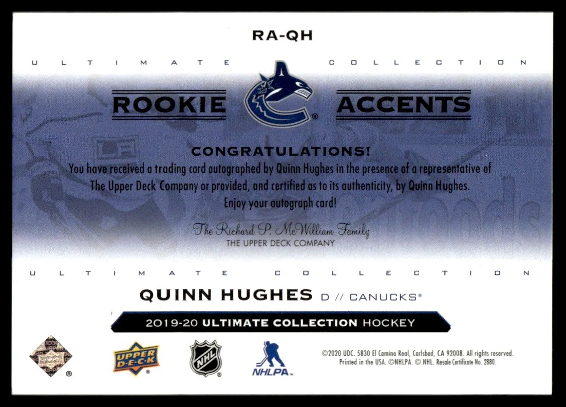2019 Upper Deck Ultimate Collection RA-QH Quinn Hughes Rookie Accents Rookie 177 Canucks Auto - Image 2