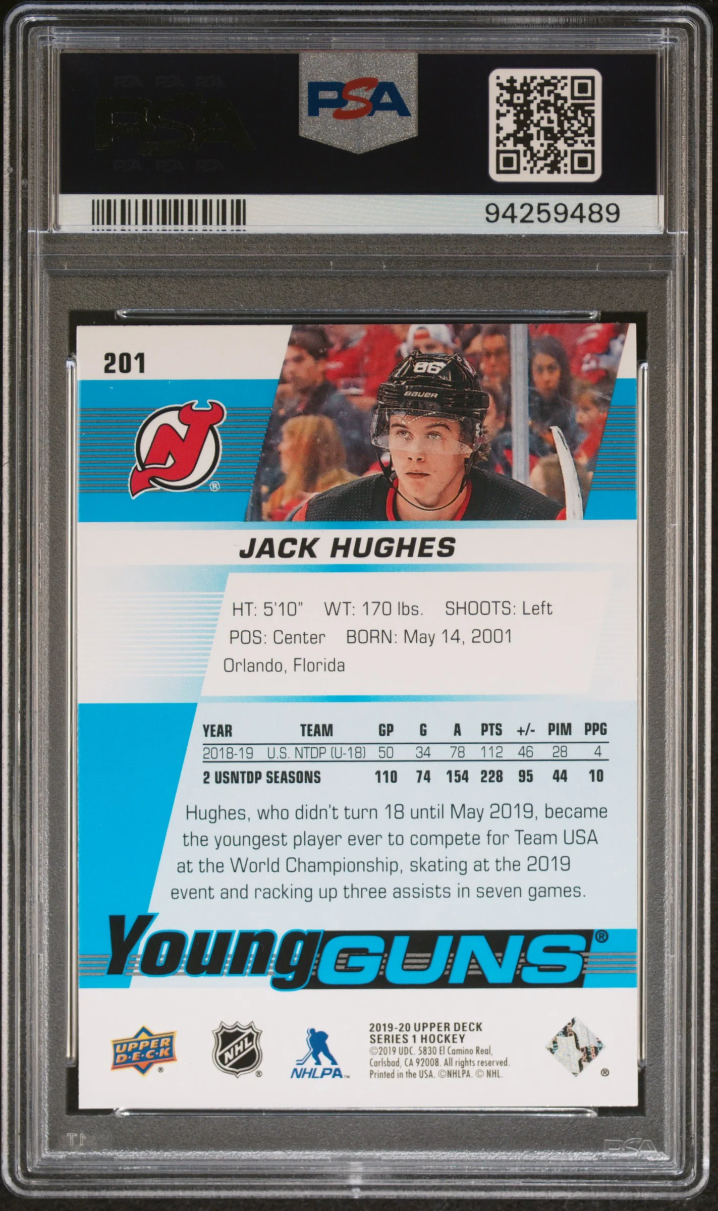 2019 Upper Deck Young Guns Jack Hughes #201 PSA 10 - Image 2