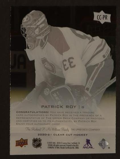 2020 Upper Deck Clear Cut Patrick Roy Auto #CC-PR - Image 2