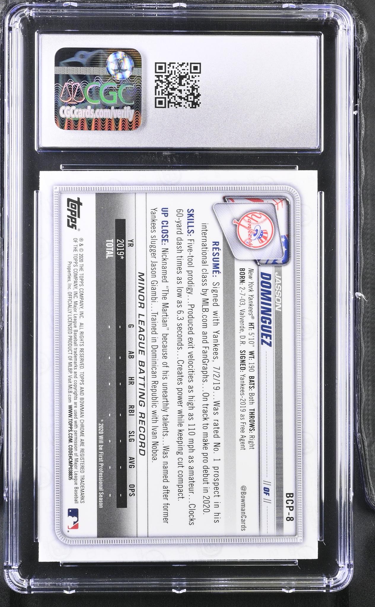 2020 Bowman Chrome #BCP-8 Jasson Dominguez Mega Box CGC 10 - Image 2