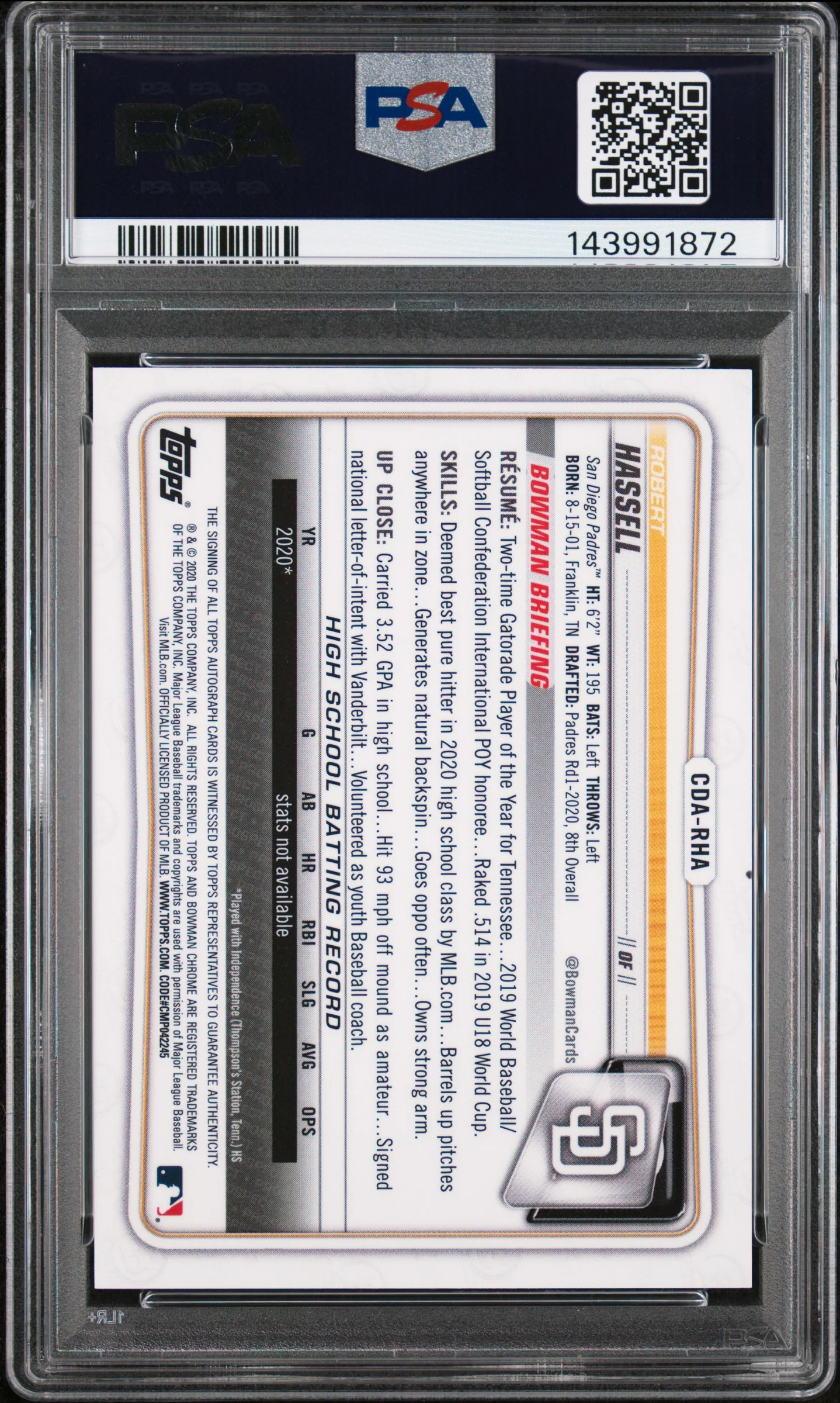 2020 Bowman Chrome Draft Autographs Gold Wave Refractor Robert Hassell #CDARHA /50 PSA 9 - Image 2
