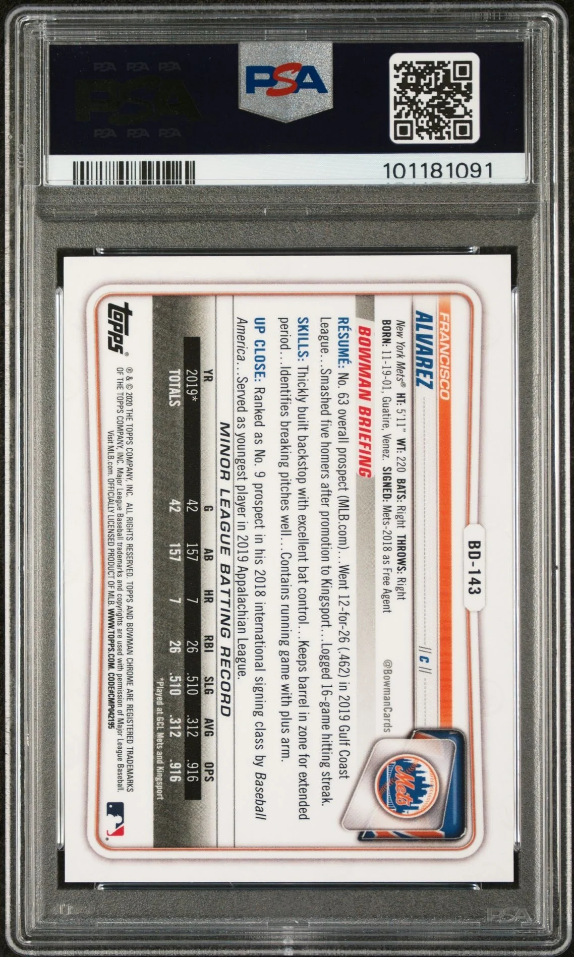 2020 Bowman Chrome Draft Gold Refractor Francisco Alvarez #BD143 /50 PSA 9 - Image 2