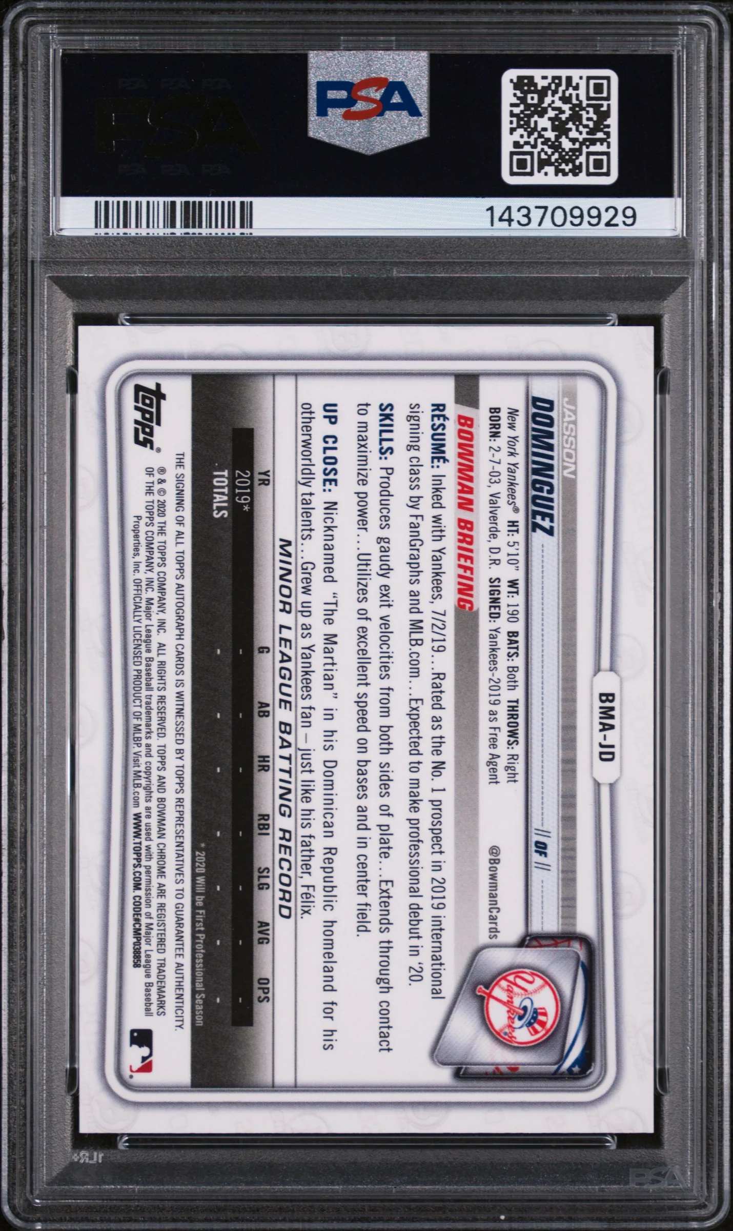 2020 Bowman Chrome Mega Box Prospect Autograph Refractor Jasson Dominguez #BMAJD PSA 8 - Image 2