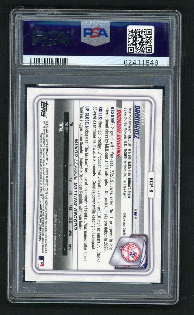 2020 Bowman Chrome Sapphire Edition Jasson Dominguez #BCP8 PSA 9 - Image 2