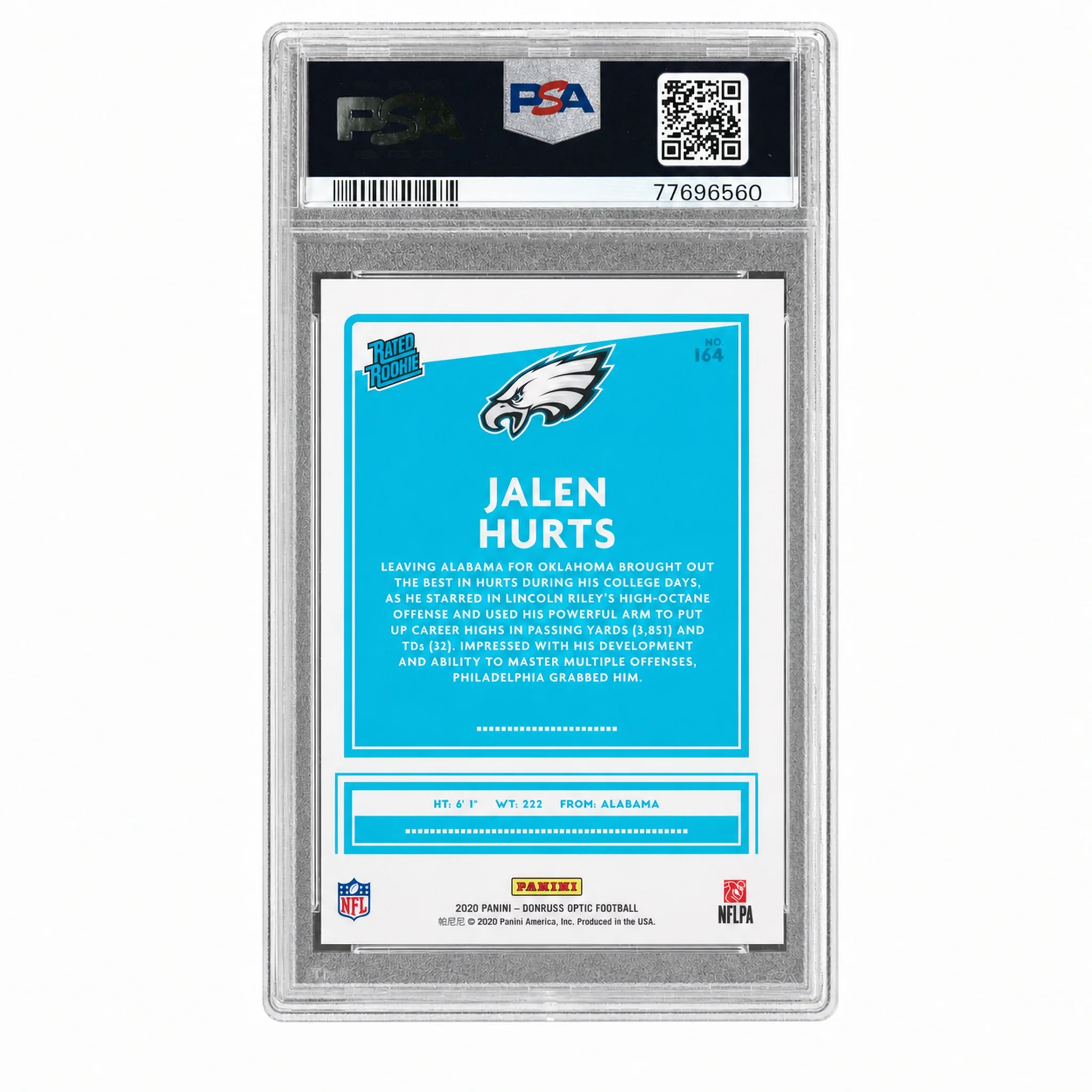 2020 Donruss Optic Rated Rookie Jalen Hurts #164 PSA 9 - Image 2
