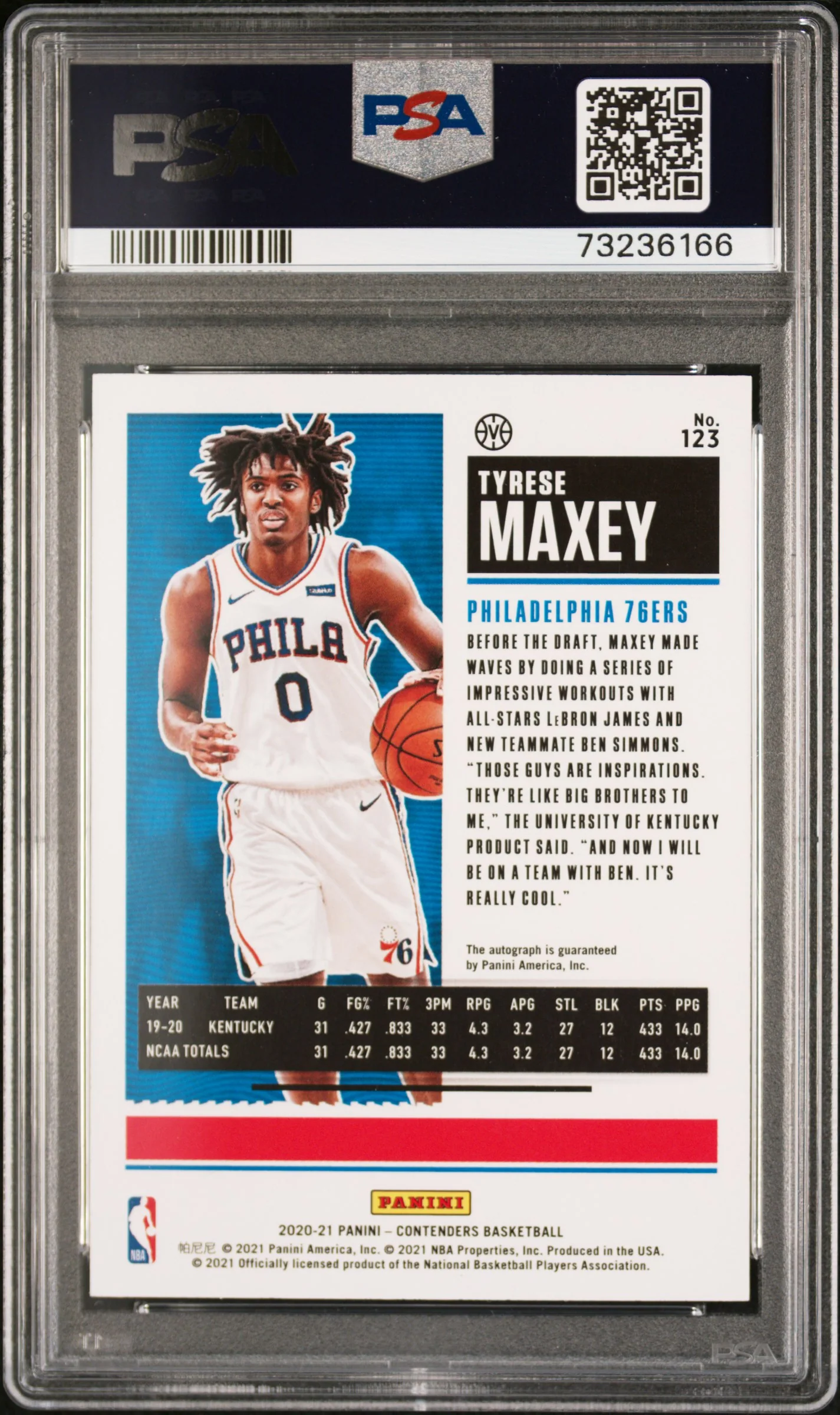 2020 Panini Contenders Ball In Left Hand Variation Rookie Ticket Autograph Tyrese Maxey #123 PSA 9 - Image 2