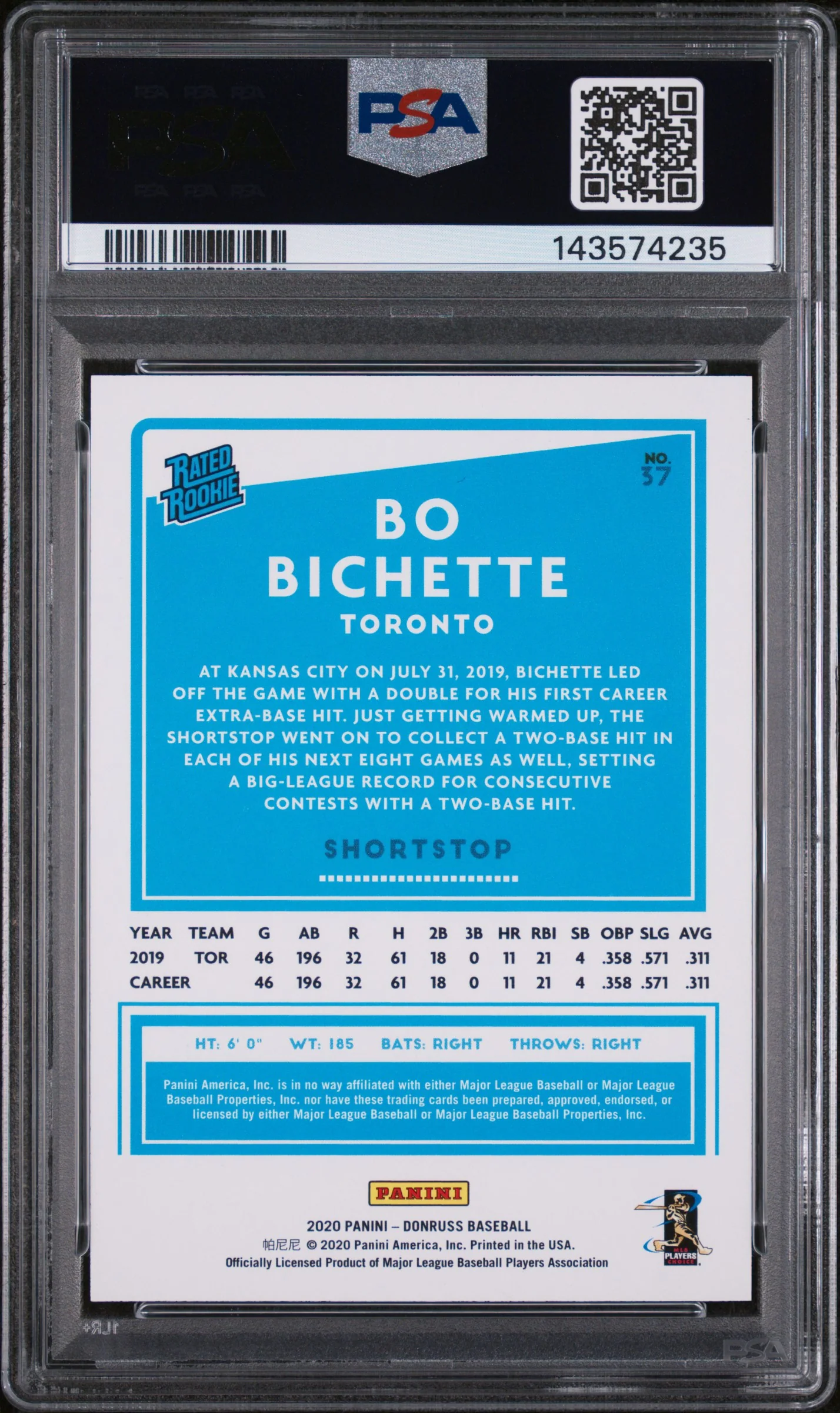 2020 Panini Donruss One Hundred Bo Bichette #37 /100 PSA 9 - Image 2