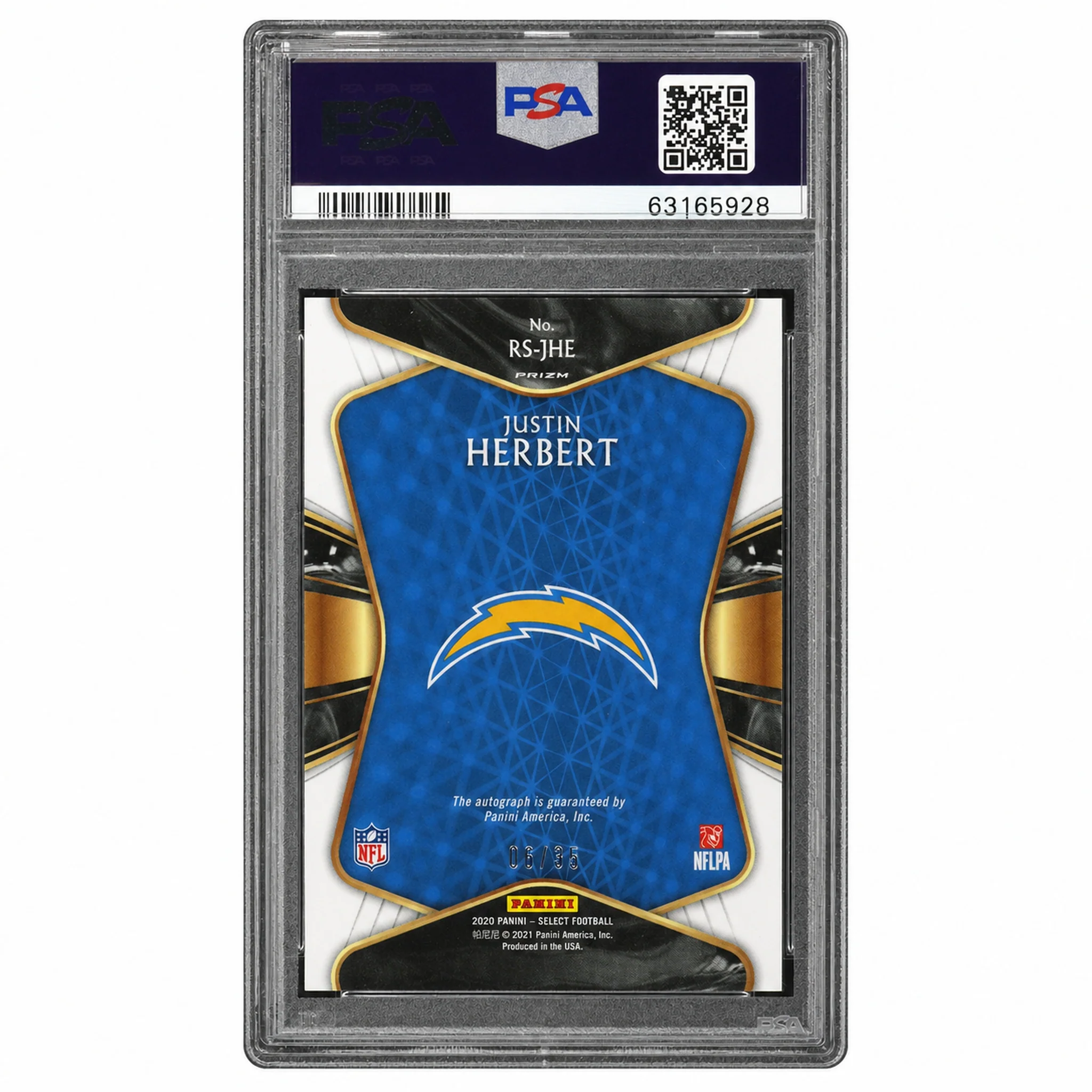 2020 Panini Select Rookie Signature Prizm Blue Justin Herbert #4 /35 PSA 10 - Image 2