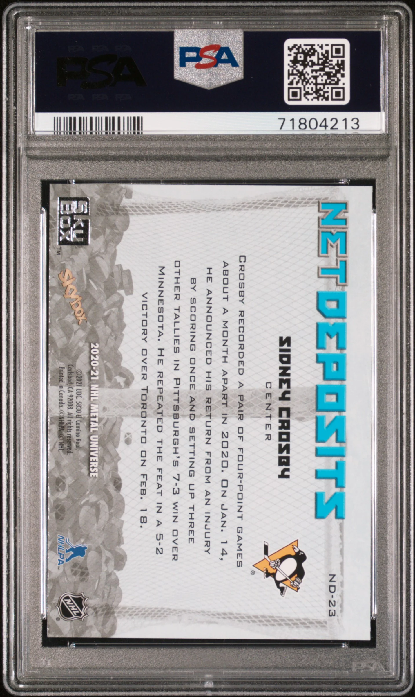 2020 Skybox Metal Universe Net Deposits Sidney Crosby #ND-23 PSA 8 - Image 2