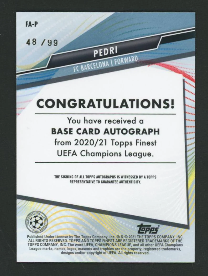 2020 Topps Finest FA-P Pedri Base Card Autograph Rookie /99 FC Barcelona - Image 2