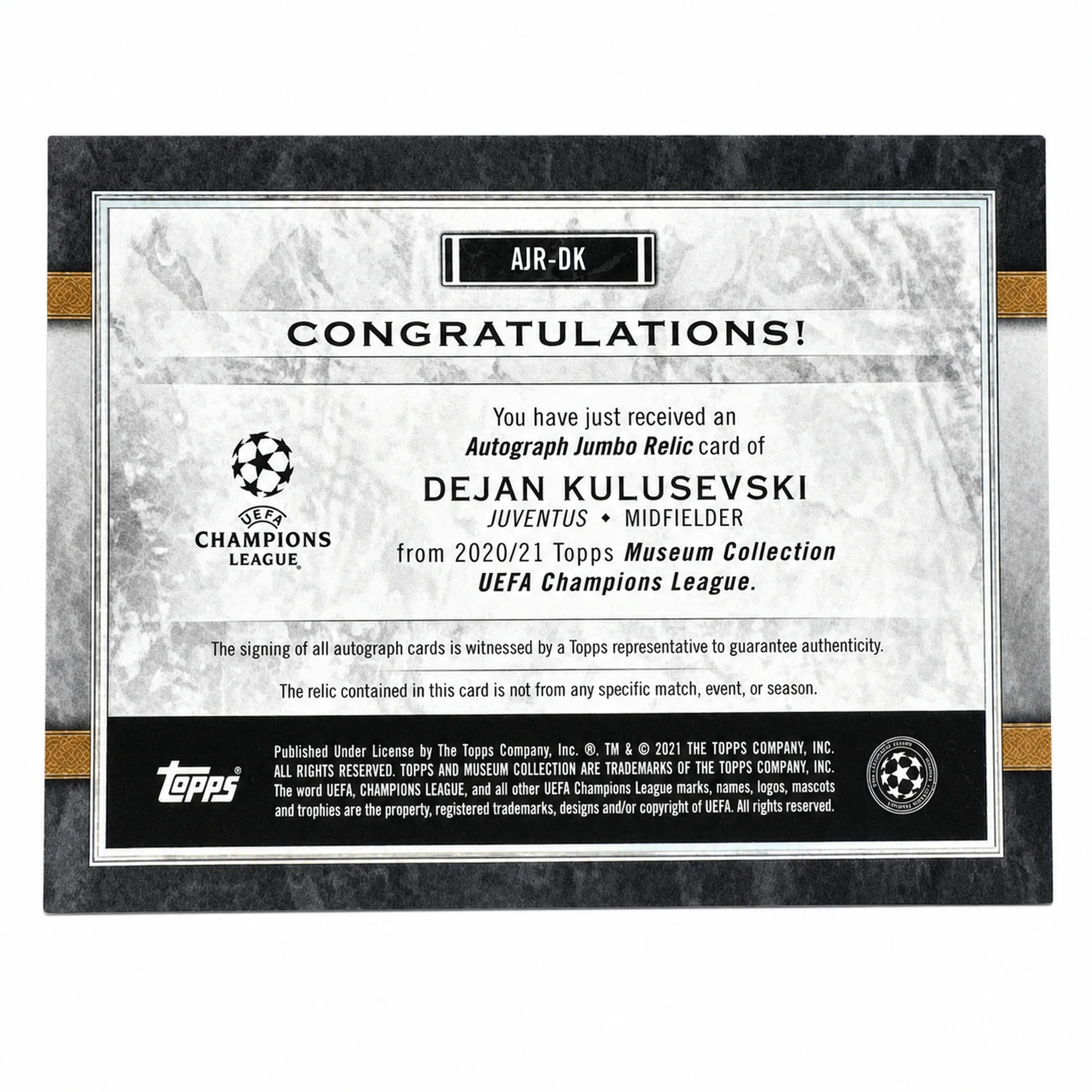 2020 Topps Museum Collection Dejan Kulusevski Patch Auto /25 - Image 2