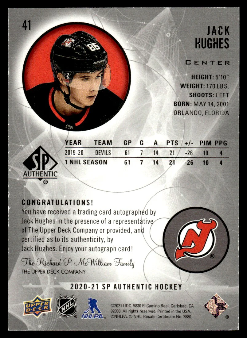 2020 Upper Deck SP Authentic 41 Jack Hughes Devils Auto - Image 2