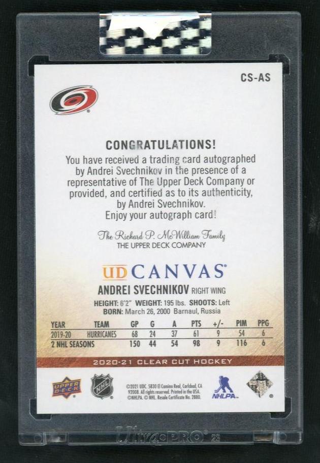 2020 Upper Deck UD Canvas CS-AS Andrei Svechnikov Clear Cut /37 Hurricanes Auto - Image 2