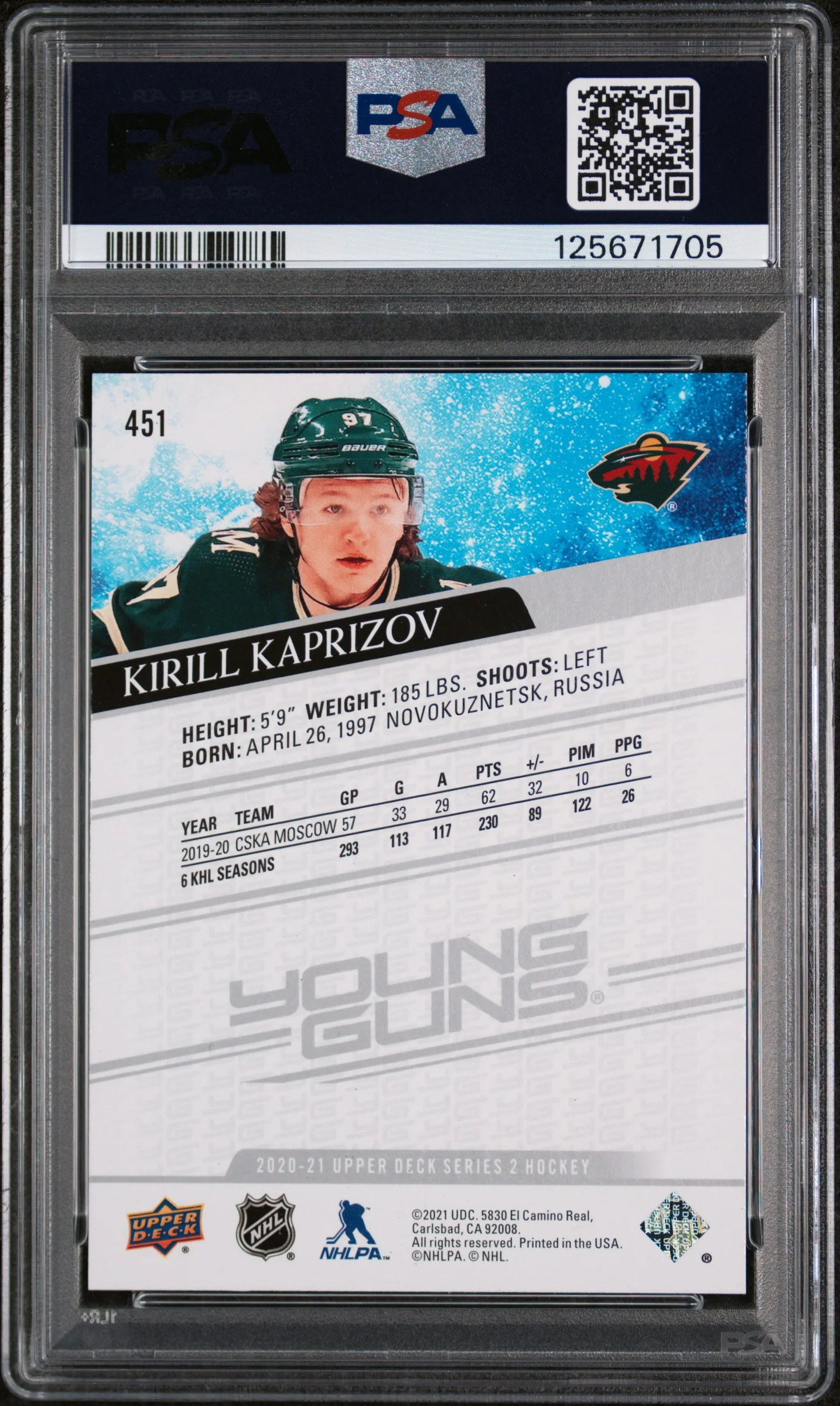2020 Upper Deck Young Guns Kirill Kaprizov #451 PSA 9 - Image 2