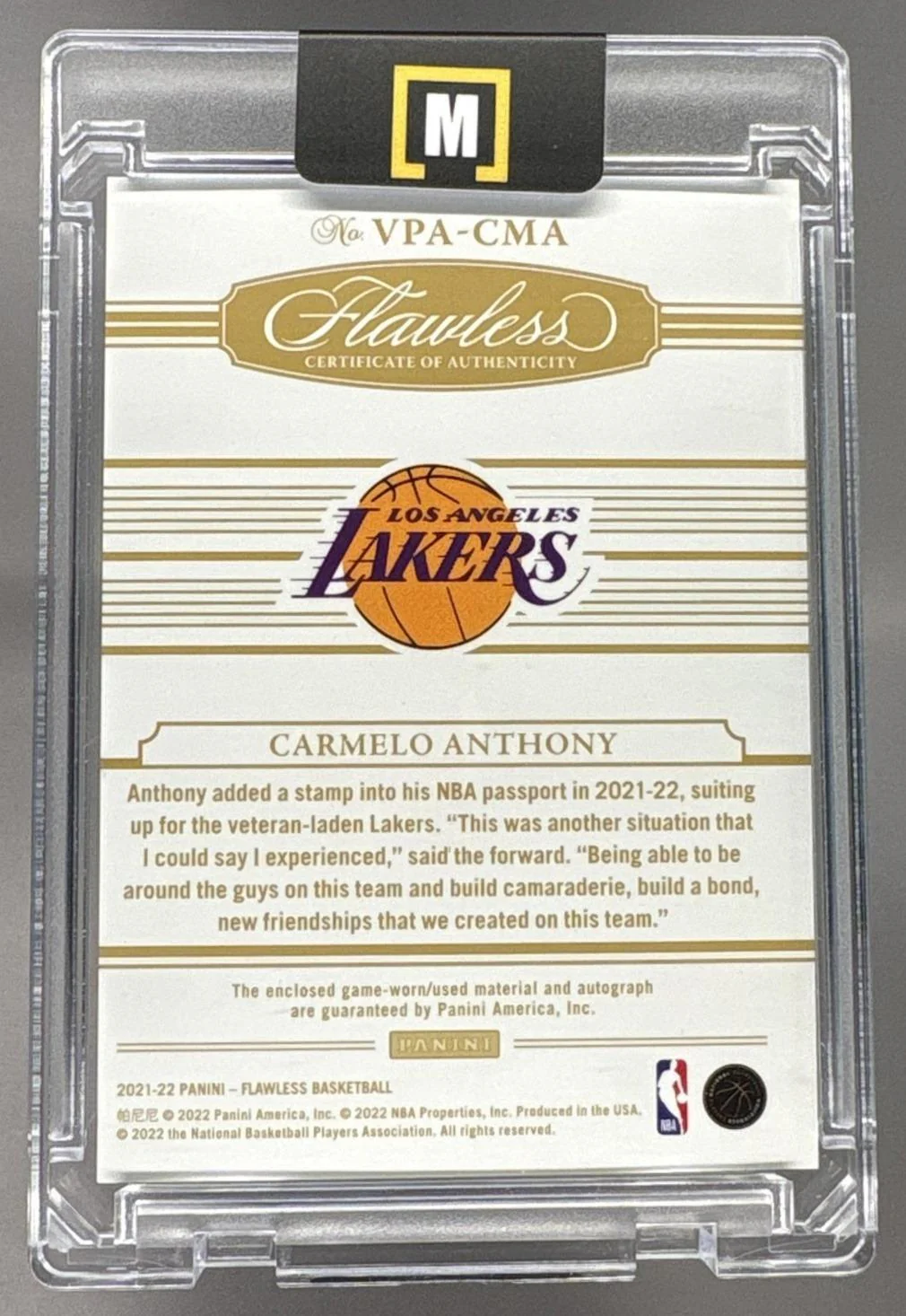 2021-22 Panini Flawless Carmelo Anthony #VPA-CMA Vertical Patch Auto /25 Lakers - Image 2