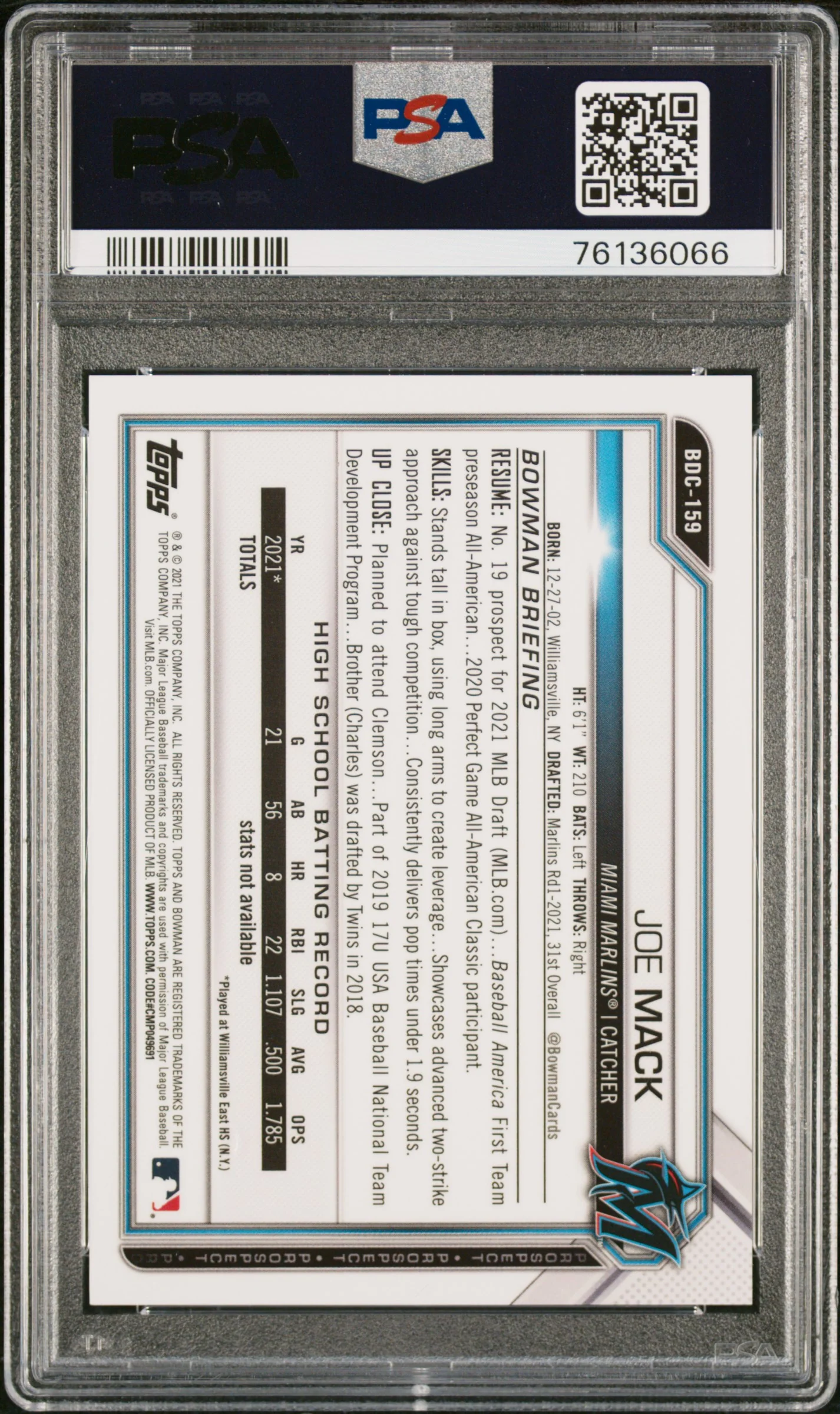 2021 Bowman Chrome Draft Sapphire Yellow Refractors Joe Mack #BDC159 /99 PSA 9 - Image 2