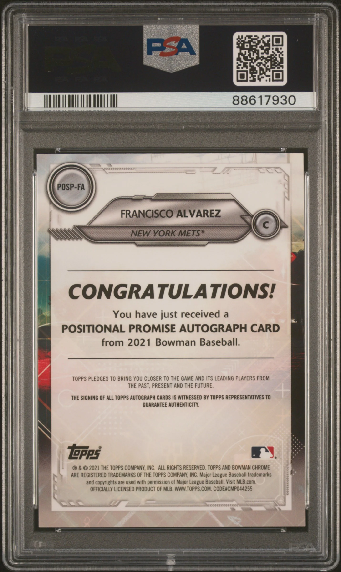2021 Bowman Chrome Positional Promise Autograph Francisco Alvarez #FA /99 PSA 10 - Image 2