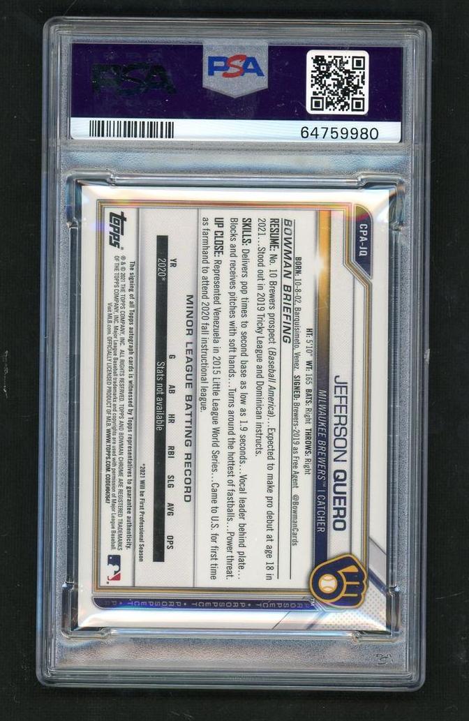 2021 Bowman Chrome Prospect Autograph Purple Refractor Jeferson Quero #CPAJQ /250 PSA 9 - Image 2