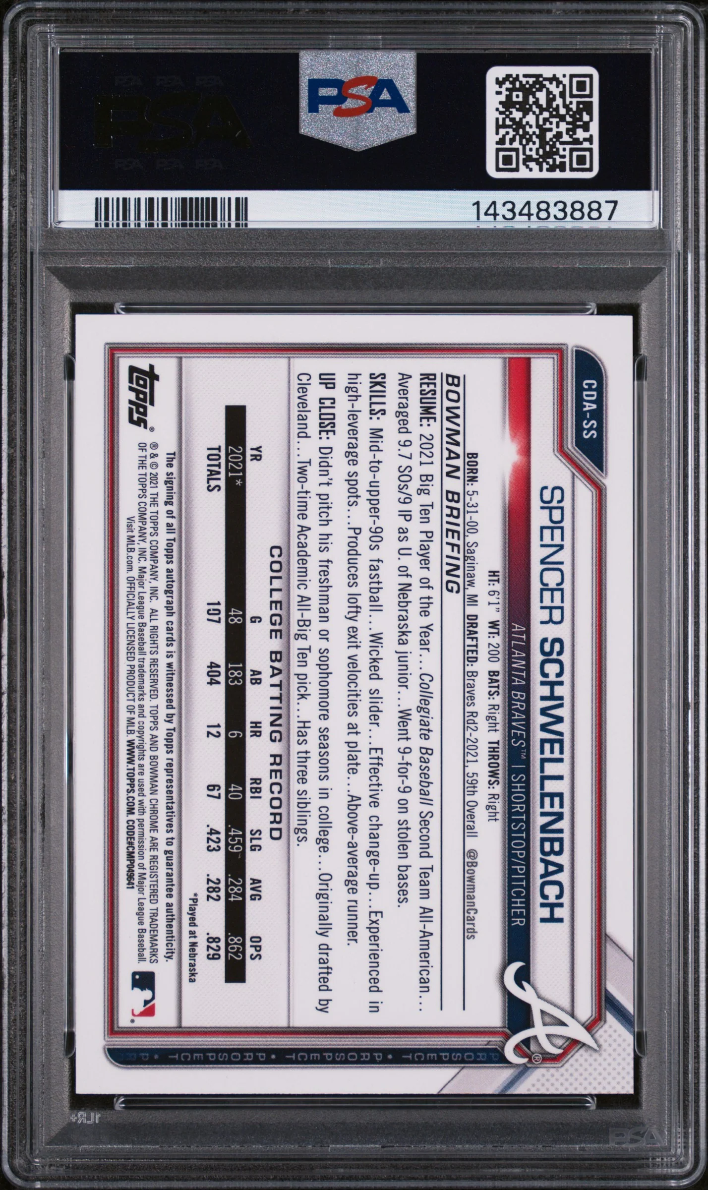 2021 Bowman Draft Chrome Autograph Spencer Schwellenbach #CDASS PSA 10 - Image 2