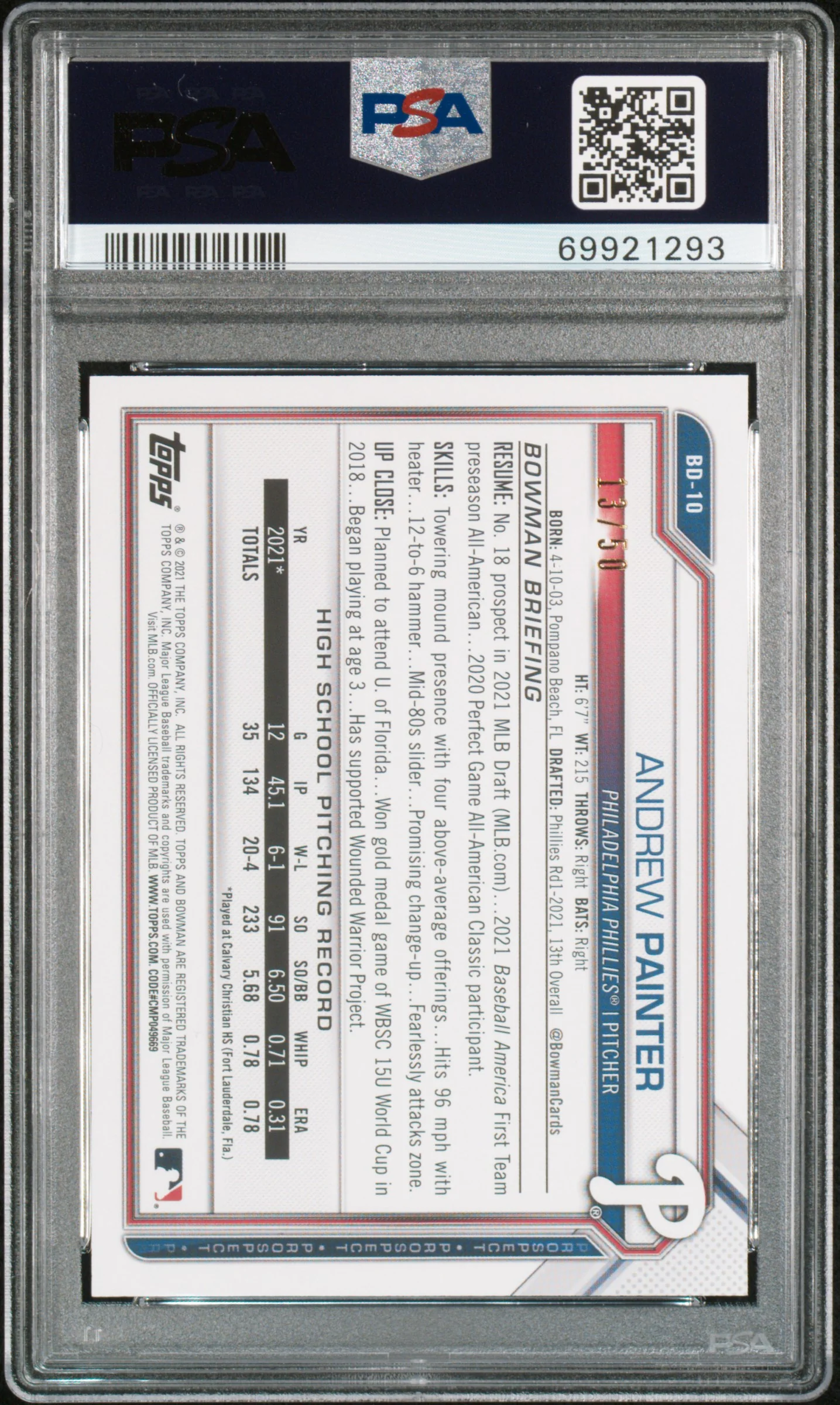 2021 Bowman Draft Gold Andrew Painter #BD10 /50 PSA 10 - Image 2