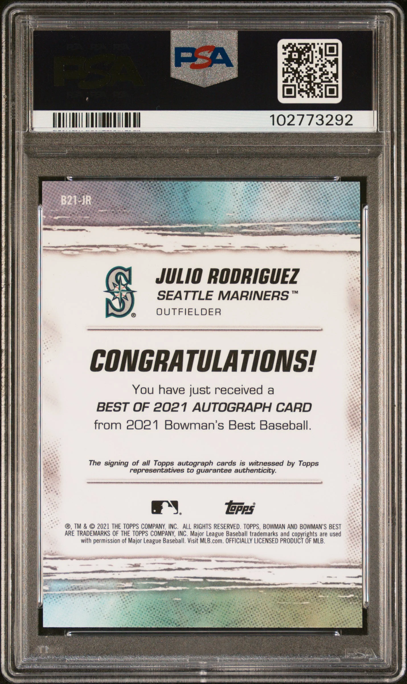 2021 Bowman's Best Best of '21 Autograph Julio Rodriguez #B21JR PSA 10 - Image 2